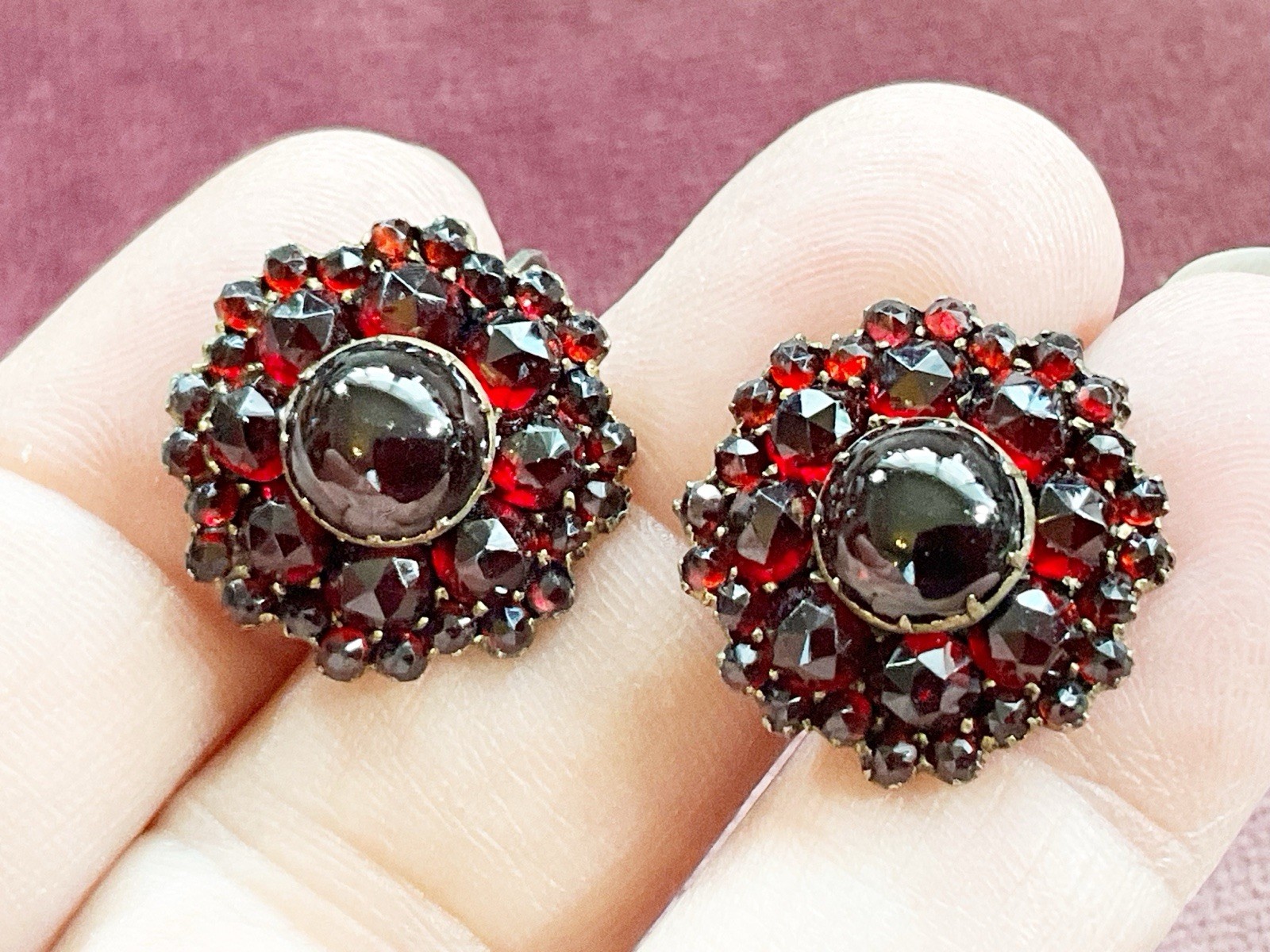 Antique Sterling Silver Vermeil Bohemian Red Garnet Cluster Screw Back Earrings
