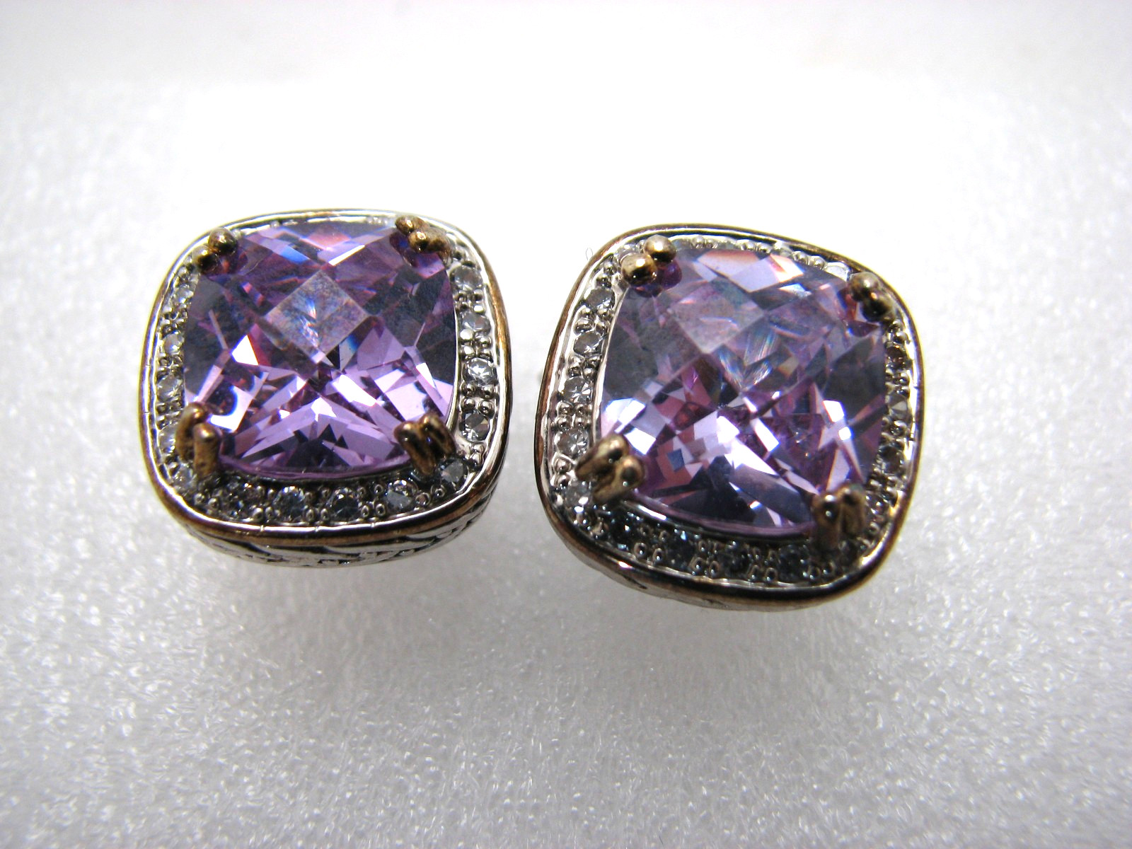 Vintage Brilliant Cushion Cut Amethyst CZ Halo Pierced Earrings Two-Tone Metal