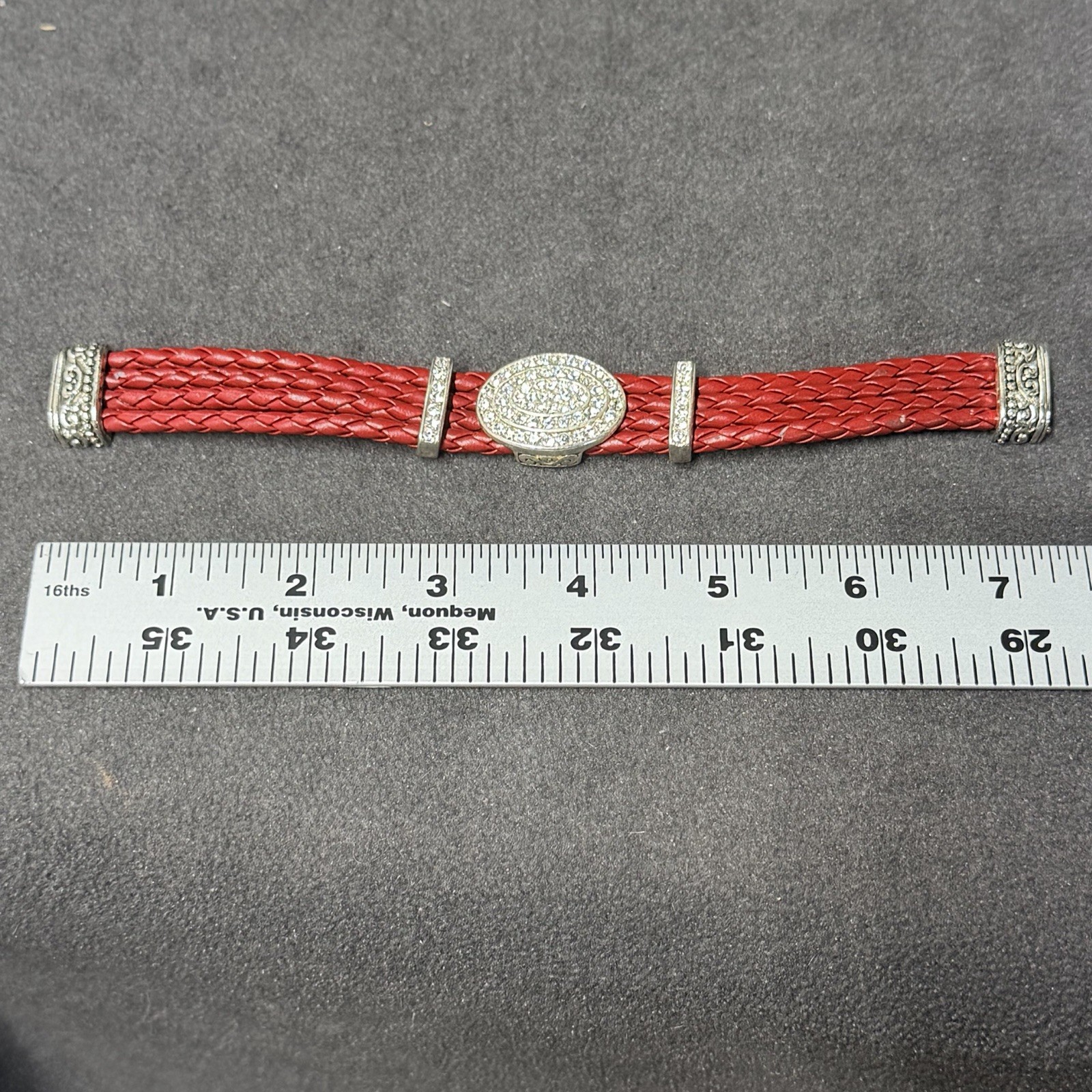 Vintage Red Braided Leather Bracelet Rhinestone Crystal Magnetic Clasp Boho