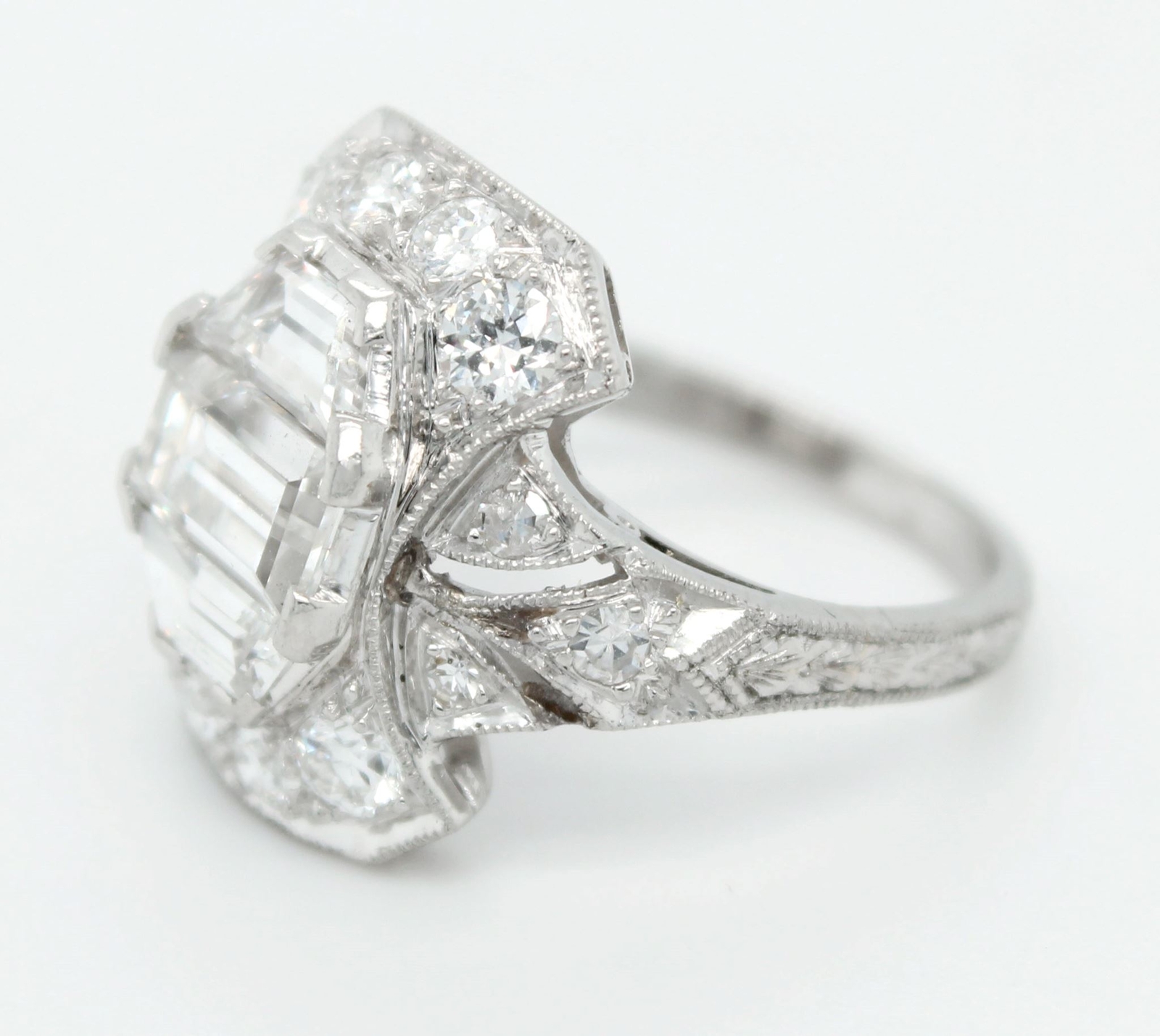 Antique Art Deco 3ctw Baguette Diamond Cocktail Ring in Platinum Setting