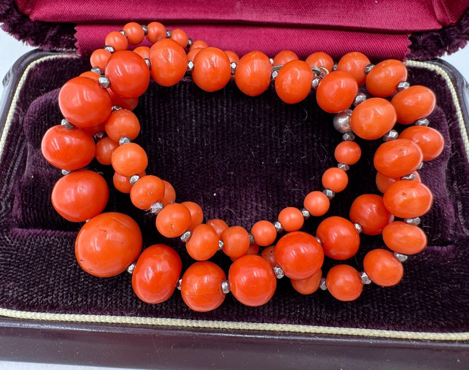 ANTIQUE OLD VICTORIAN NATURAL GENUINE CORAL NECKLACE 1 STRAND CHOKER STERLING SL
