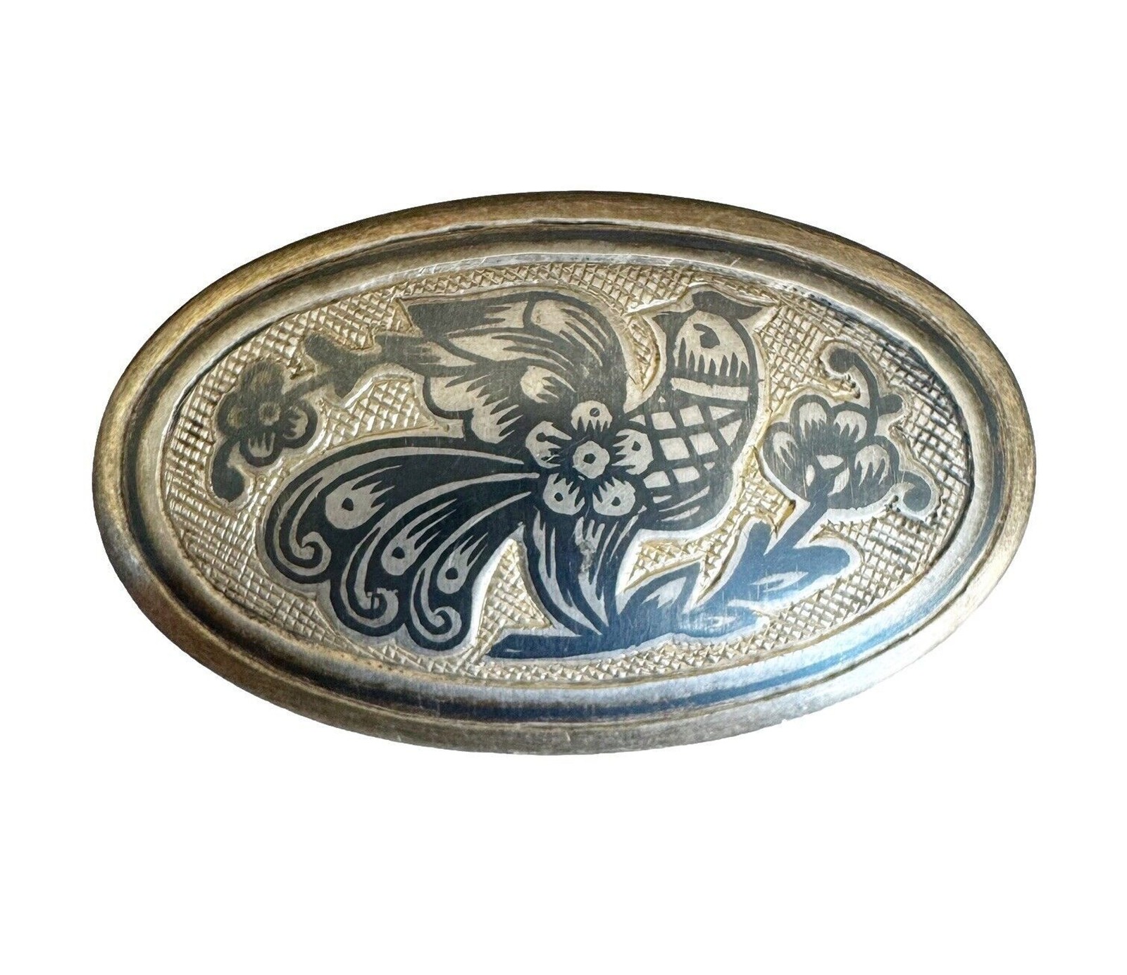 Vtg Russian Soviet Era Northern Black Niello Silver 925 Oval Brooch Floral Bird