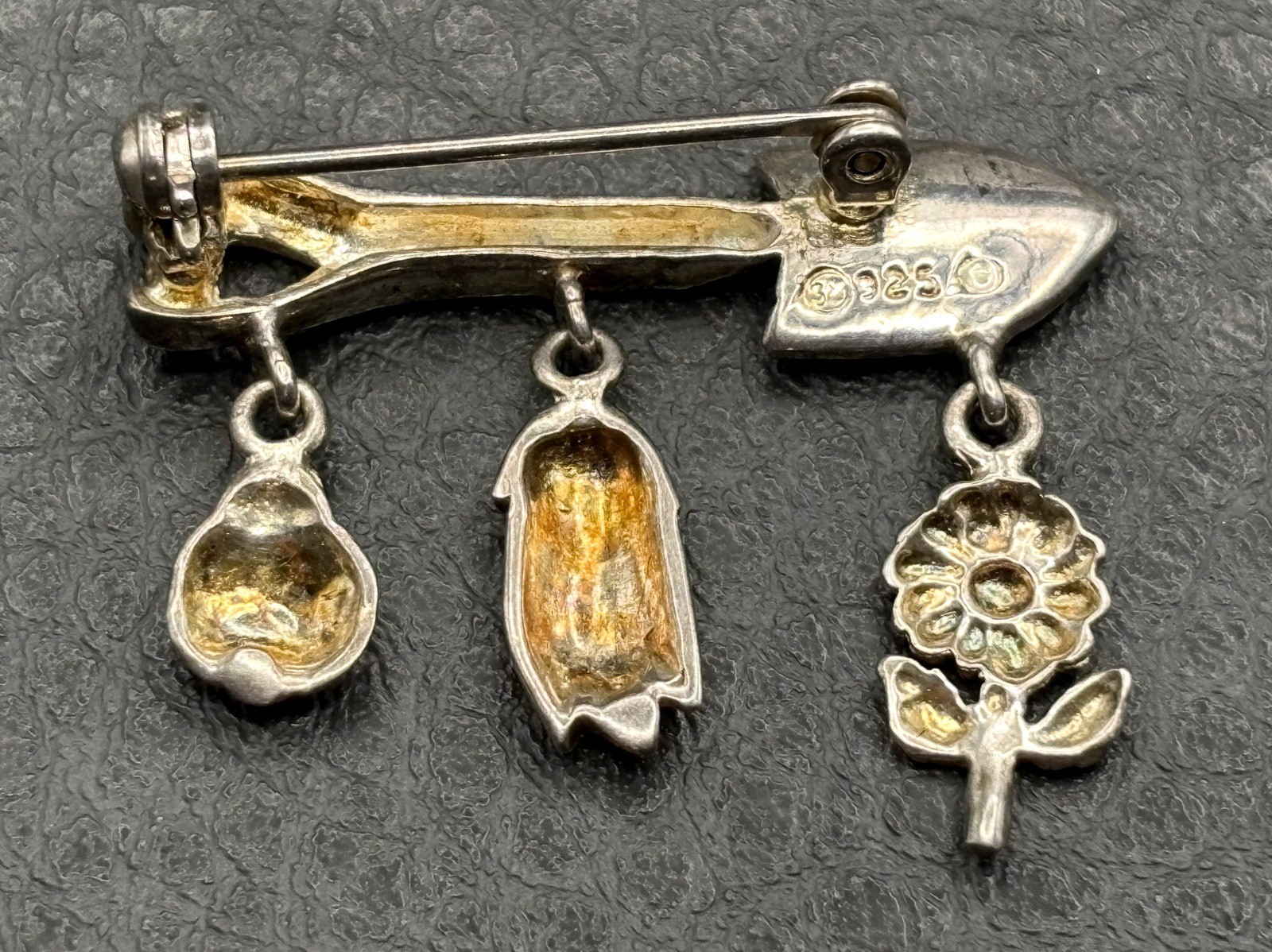VTG Sterling Silver Garden Tool LADYBUG SHOVEL Sunflower Dangle Charm Brooch