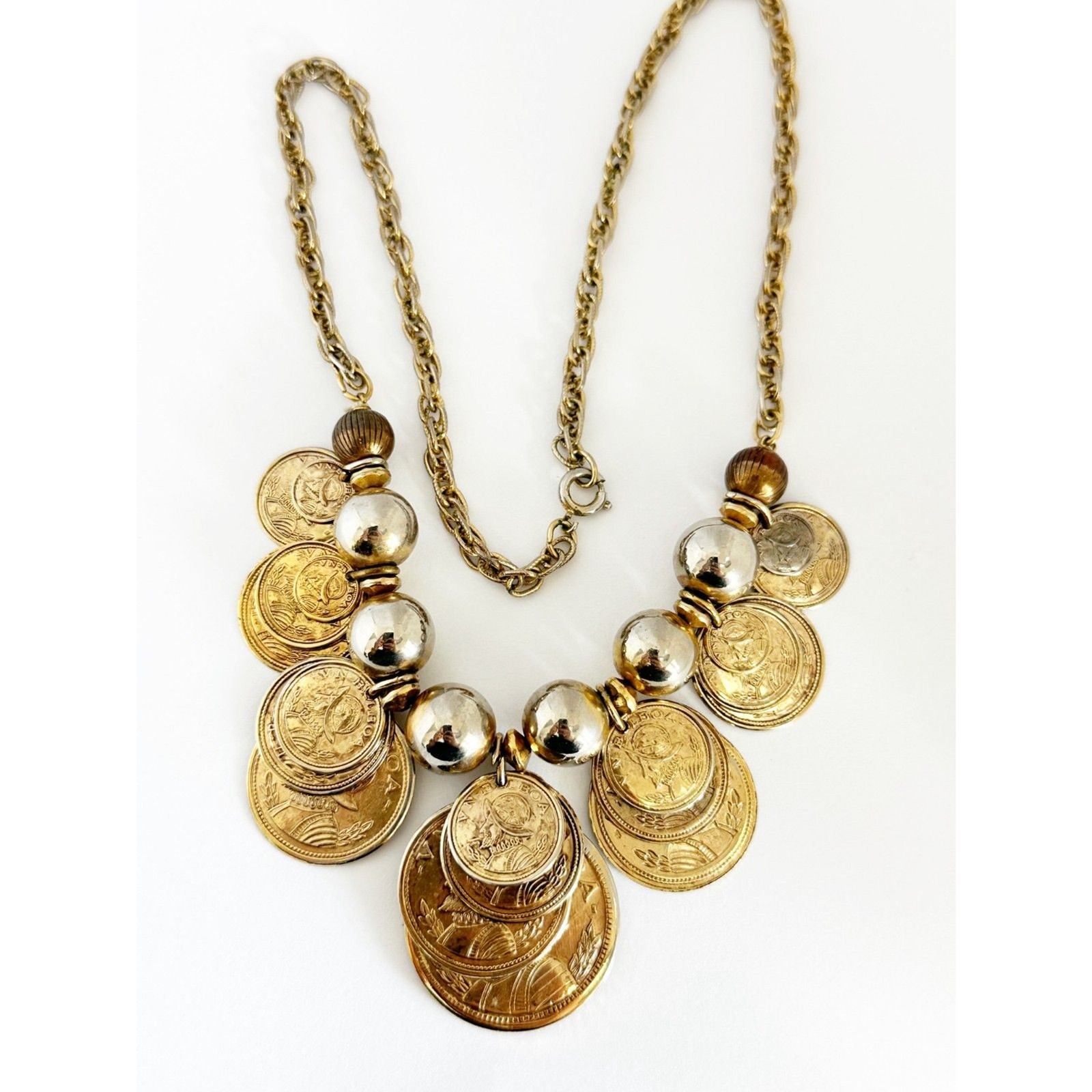 Vintage Coin Necklace VN BALBOA Spanish Treasure Gold Tone