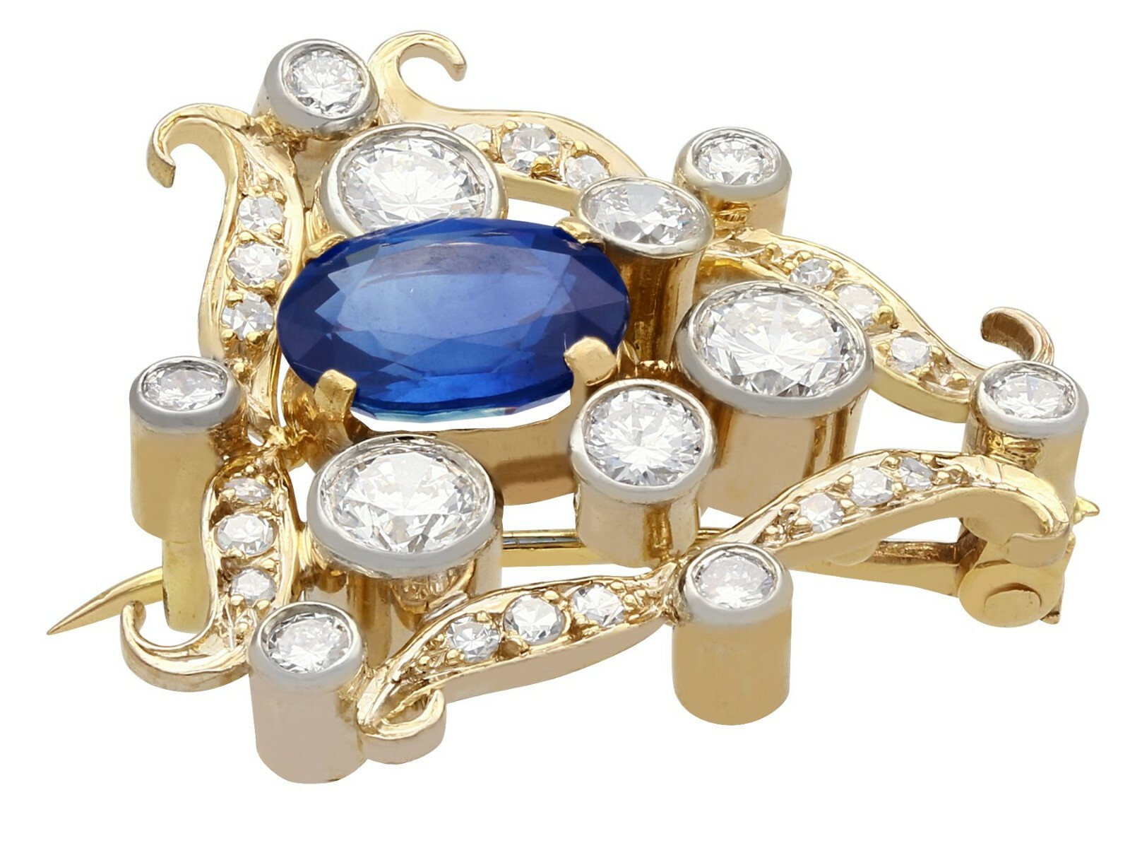1.53 ct Sapphire and 1ct Diamond, 18ct Yellow Gold Brooch – Antique Circa 1920