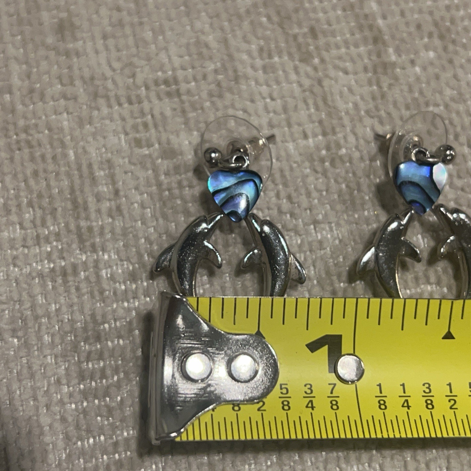 Vintage Weekenders Paua Shell Kissing Dolphins Heart Dangle Earrings Silver Tone