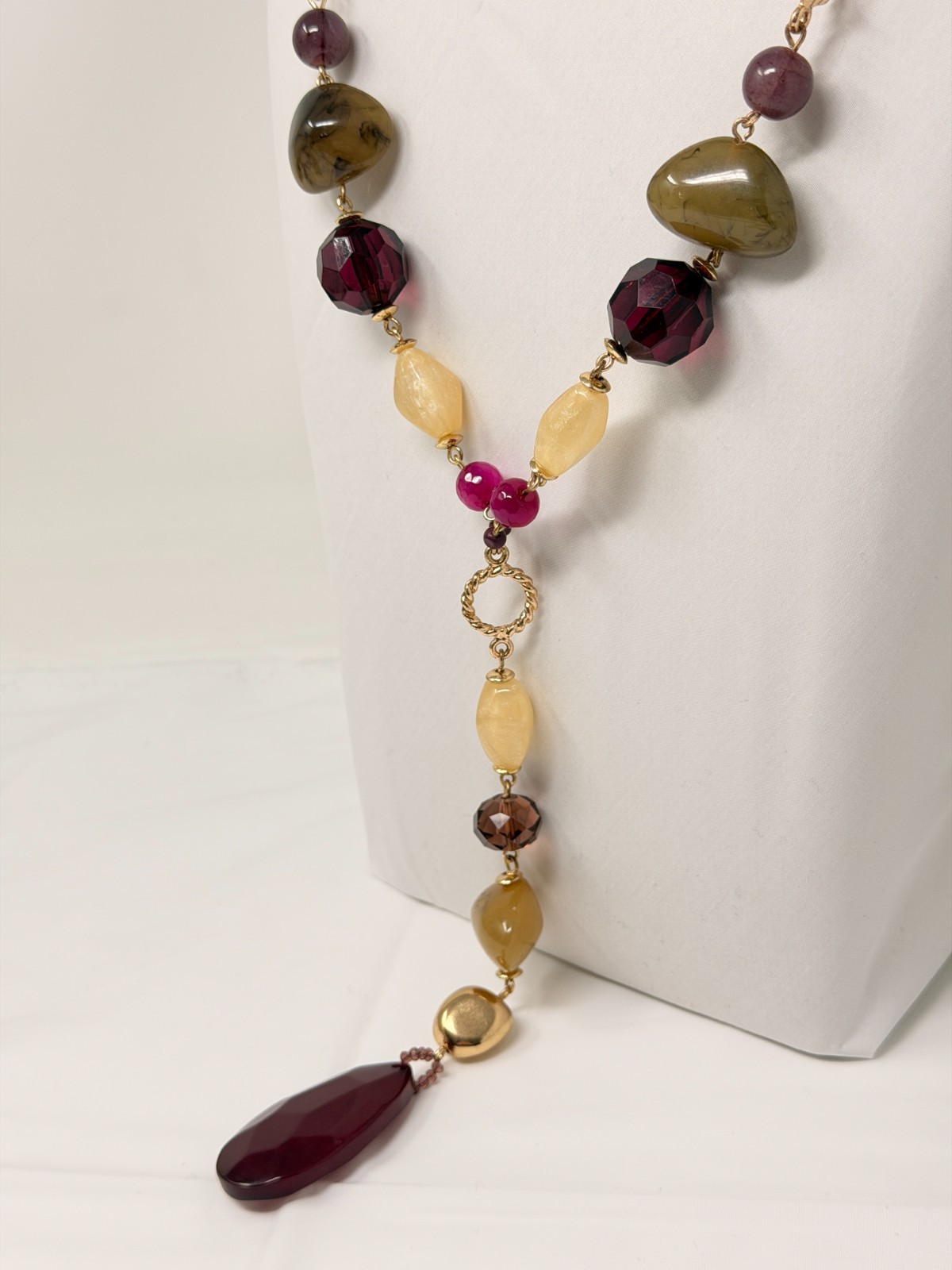 CHICO’S Gold Tone Purple Green Cream Acrylic Bead Y Drop Necklace