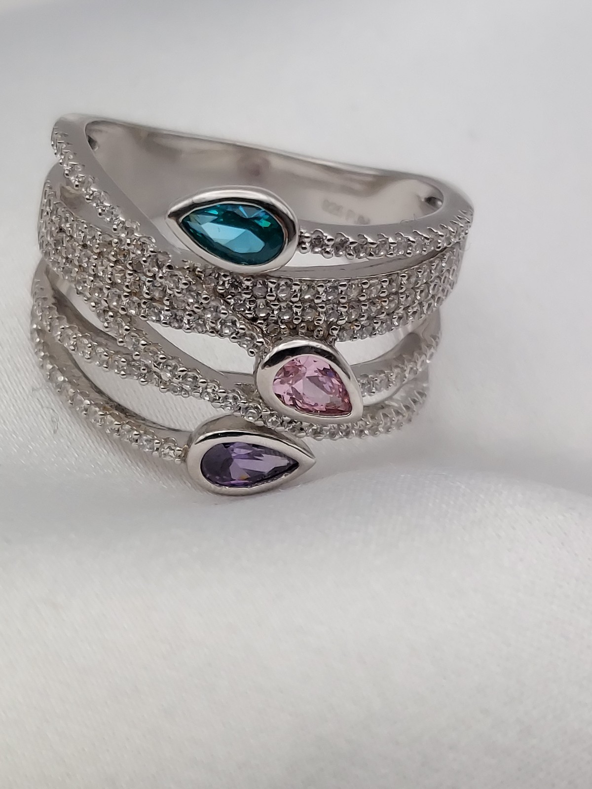 Vintage PJM 6Band Sterling Crystal Muti Color Pear Cut Gemstones Ring 5.9Gr Sz8