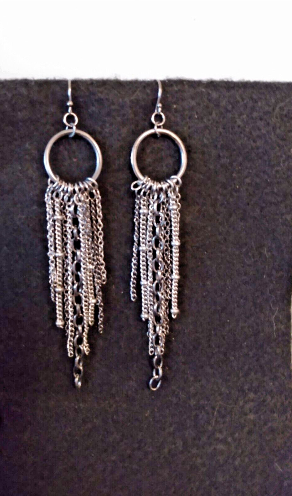 Vintage Dark Silver Tone Metal Ring w/Multi Chain Dangle Shoulder Duster Earring