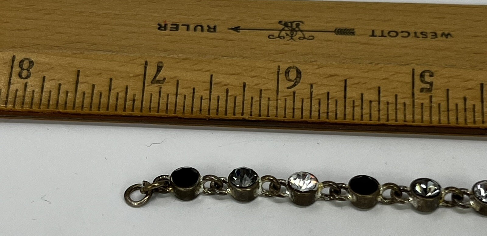 VTG Bracelet 7” Black Clear and Gray Rhinestones Brushed Antiqued Silver SEE