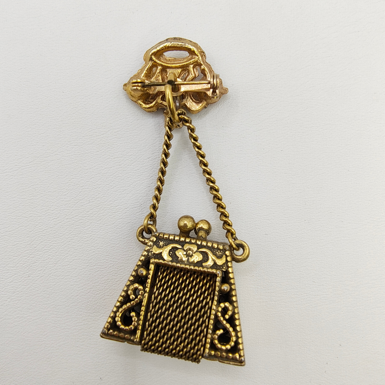 Vintage Purse Pill Box Brooch Pin Gold Tone Chatelaine Multicolor Rhinestone