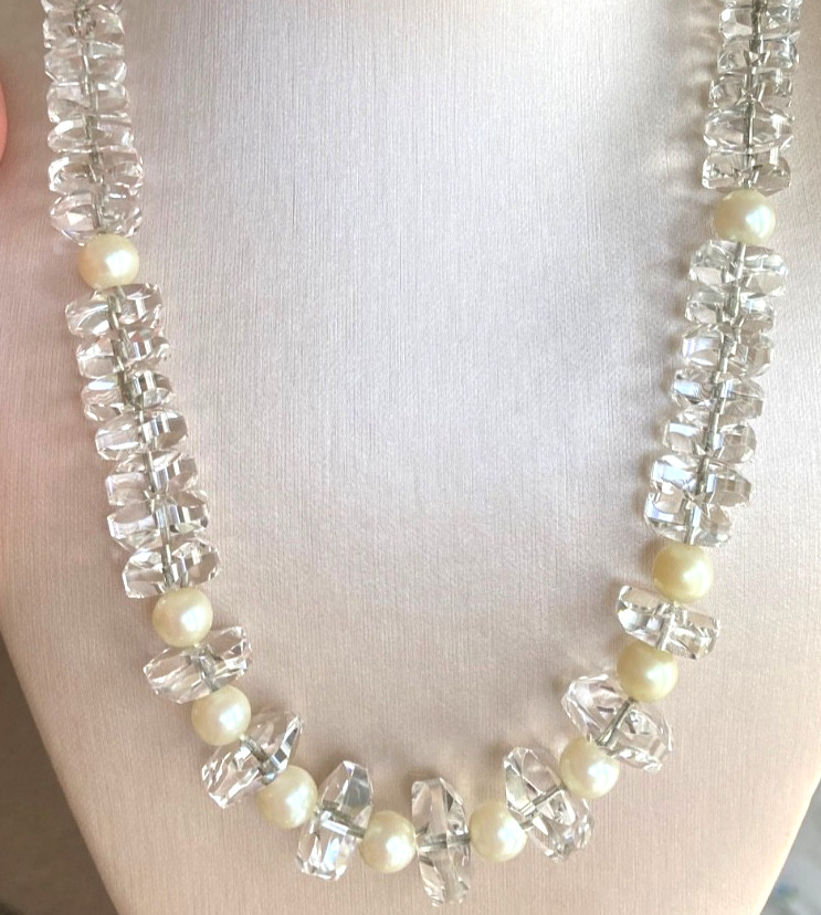 Vtg ROCK CRYSTAL Art Deco Necklace w/Pearls, Amazing Faceted Crystals 100.4grams