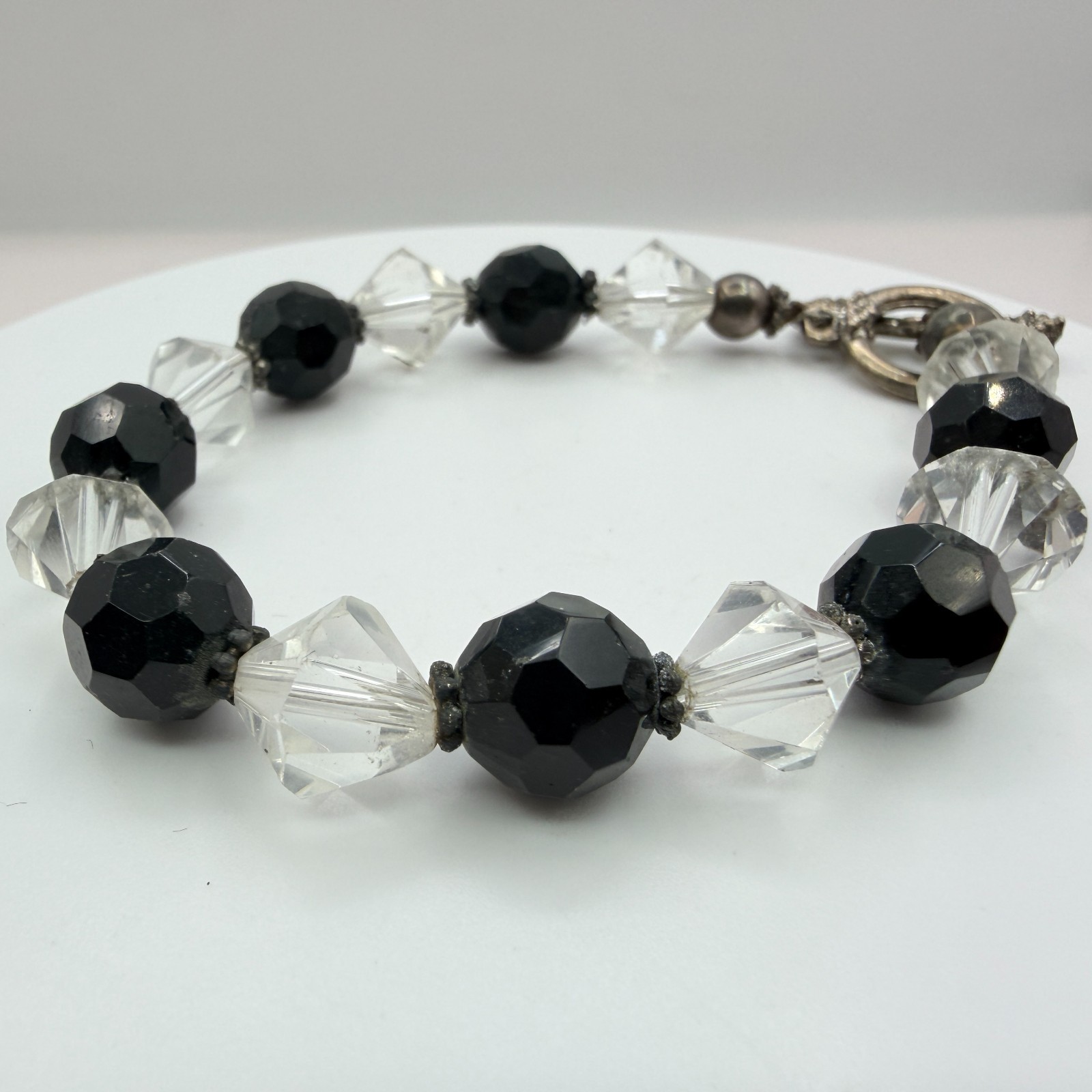 Vintage Black Clear Crystal Bead Necklace Bracelet Dangle Earrings Matching Set