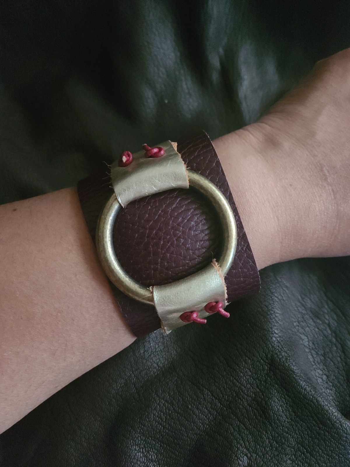 MyxxBlenz leather cuff bracelet with brass ring. Wearable art NWOT