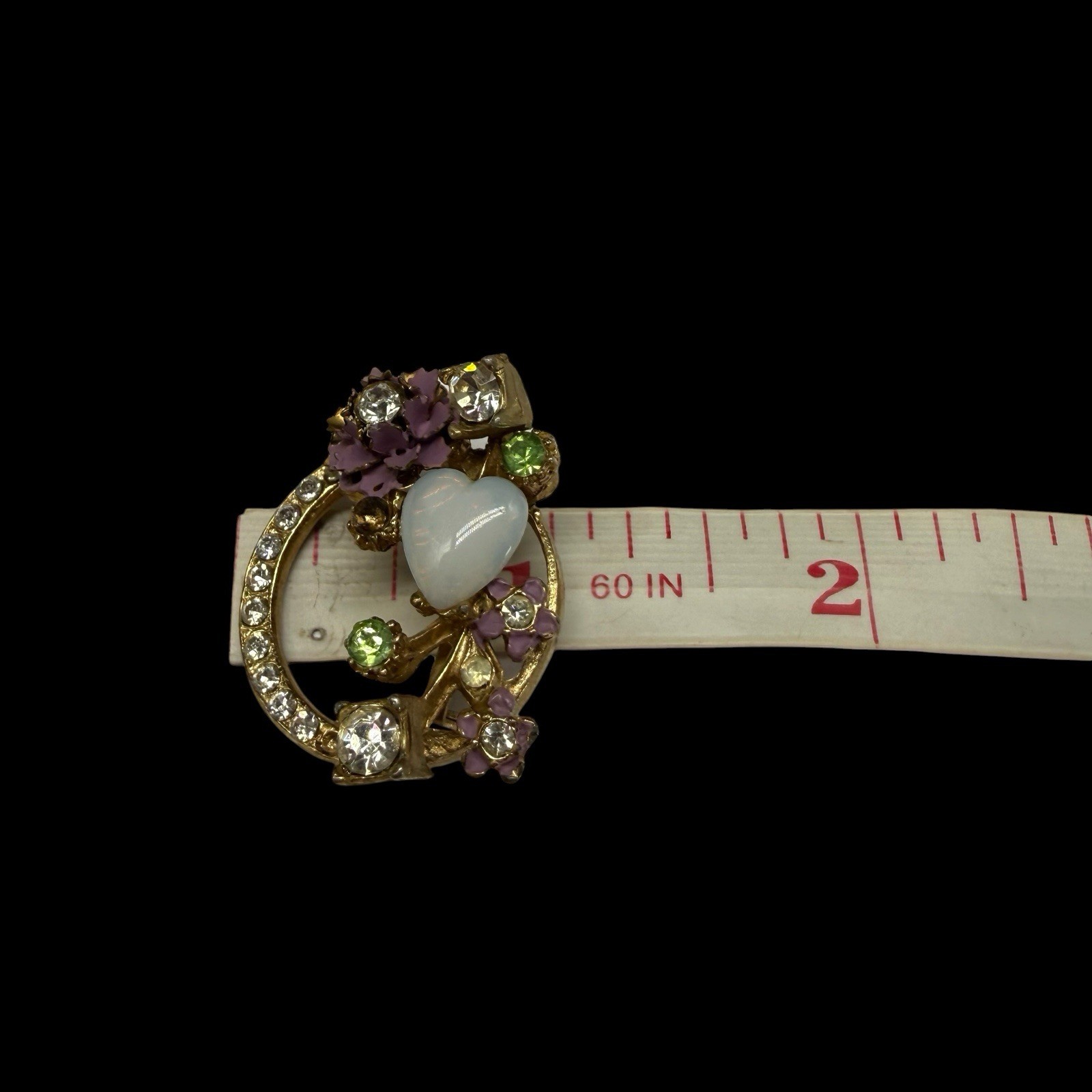 Circle Wreath Enamel Flower Opalescent Heart Rhinestone Pin Brooch As Is 1960s