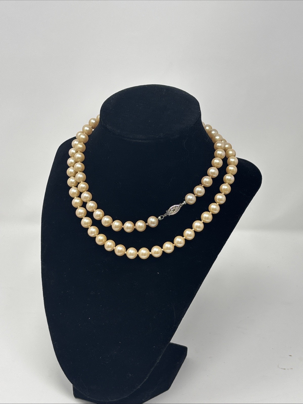 Vintage Art Deco Faux Pearl Necklace Sterling Filigree Fish Hook Clasp