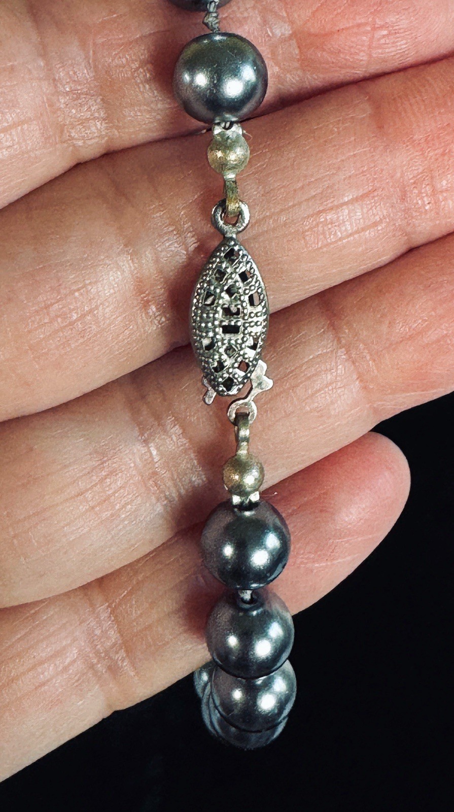 Vintage Faux Dark Gray Pearl Necklace and Matching Bracelet Glass Both EUC