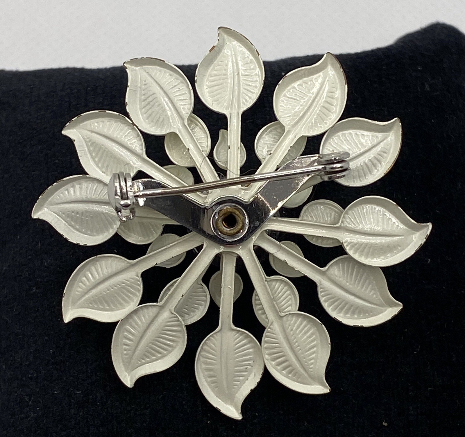 Vintage White Enamel Blue Topaz Rhinestone Flower Brooch & Clip-on Earring Set