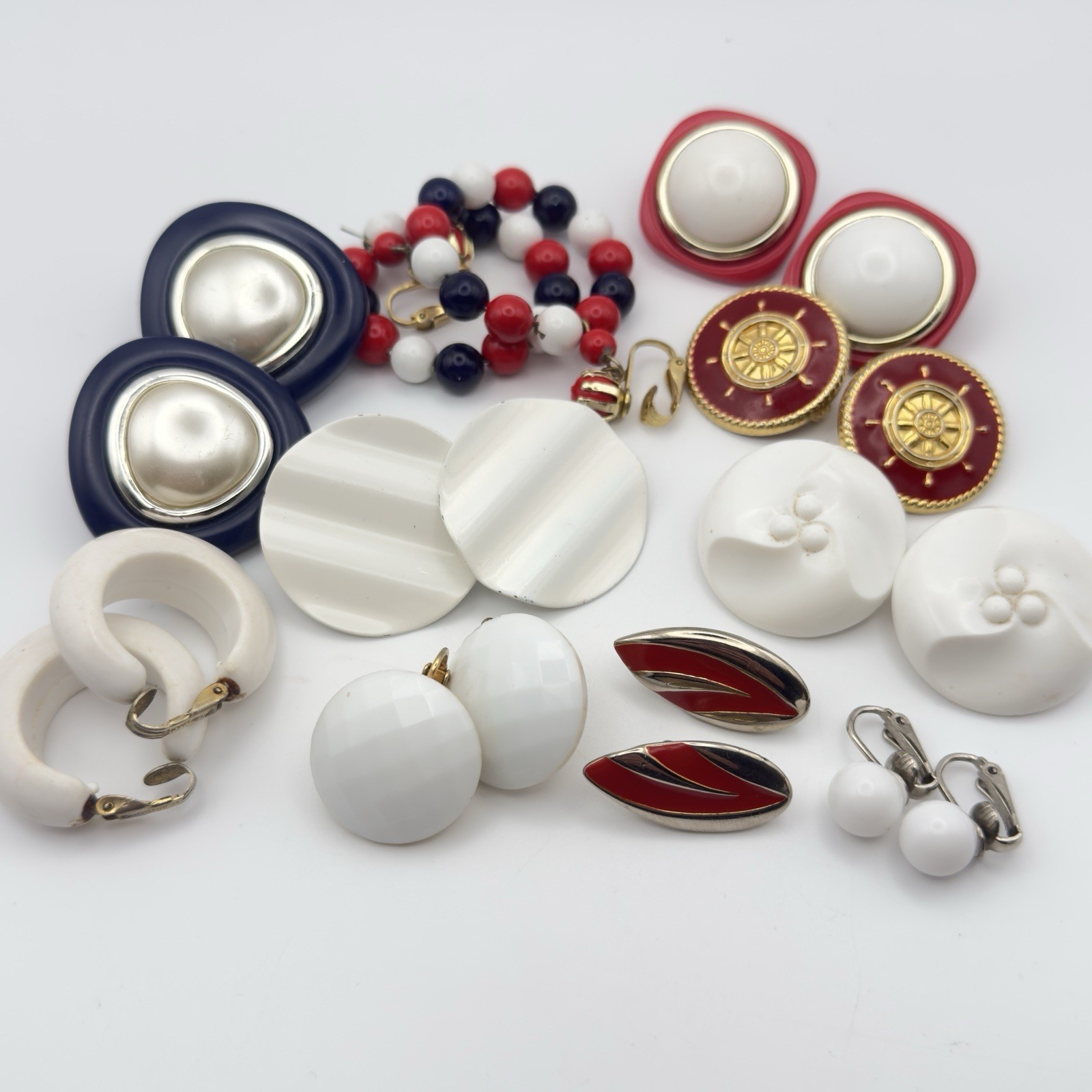 Vintage Clip On earrings Lot Nautical Red White Blue Hoop Button Retro 10pr USA
