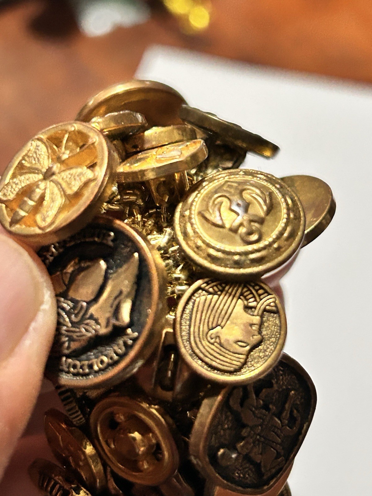 Vintage Mid-Century Buttons Bracelet Stretchy Crochet Gold Tone Victorian Style