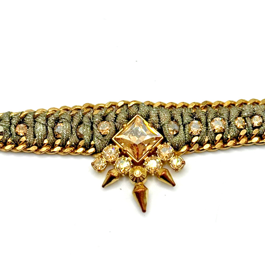 Henri Bendel Champagne Crystal Rhinestone Leather Gold Tone 3 D Snap Bracelet