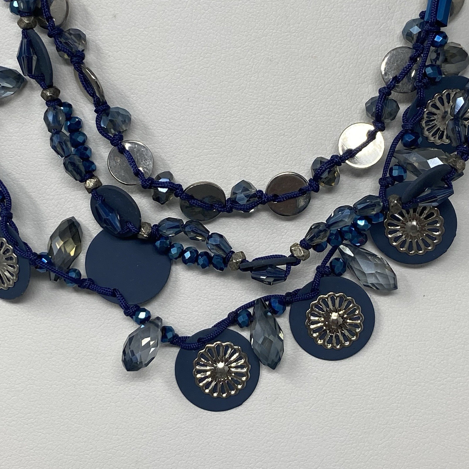 Blue Fringe Glass Beaded Necklace Layered Enamel Faceted Coated Bohemian 18″