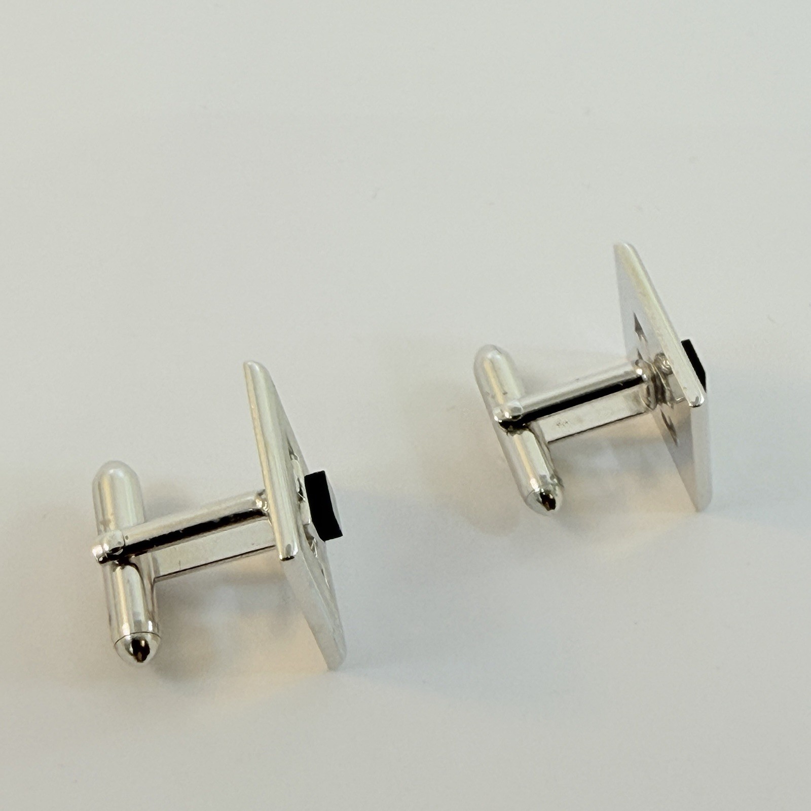 Swank Tie Clip and Cuff Links Set Brushed Silver Tone Onyx Stone