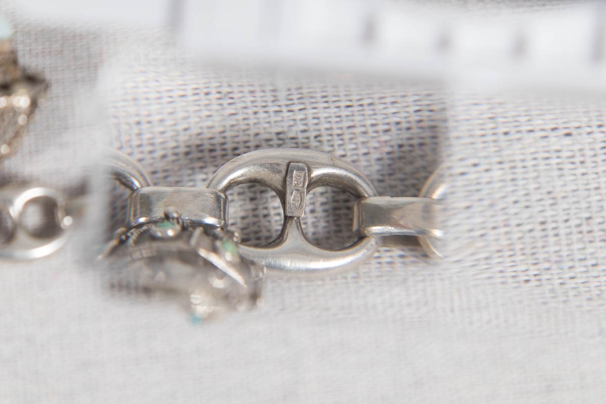 Vintage Etruscan Revival 800 Silver Fob Charm Bracelet Stones 8″ Long 800 – 52g