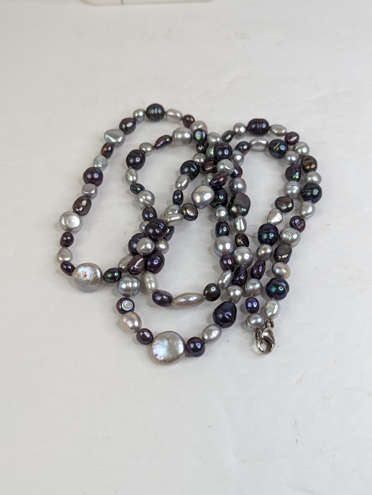 Genuine Baroque Pearl Black Peacock Luster and Silver Gray Necklace 36″ Stunning