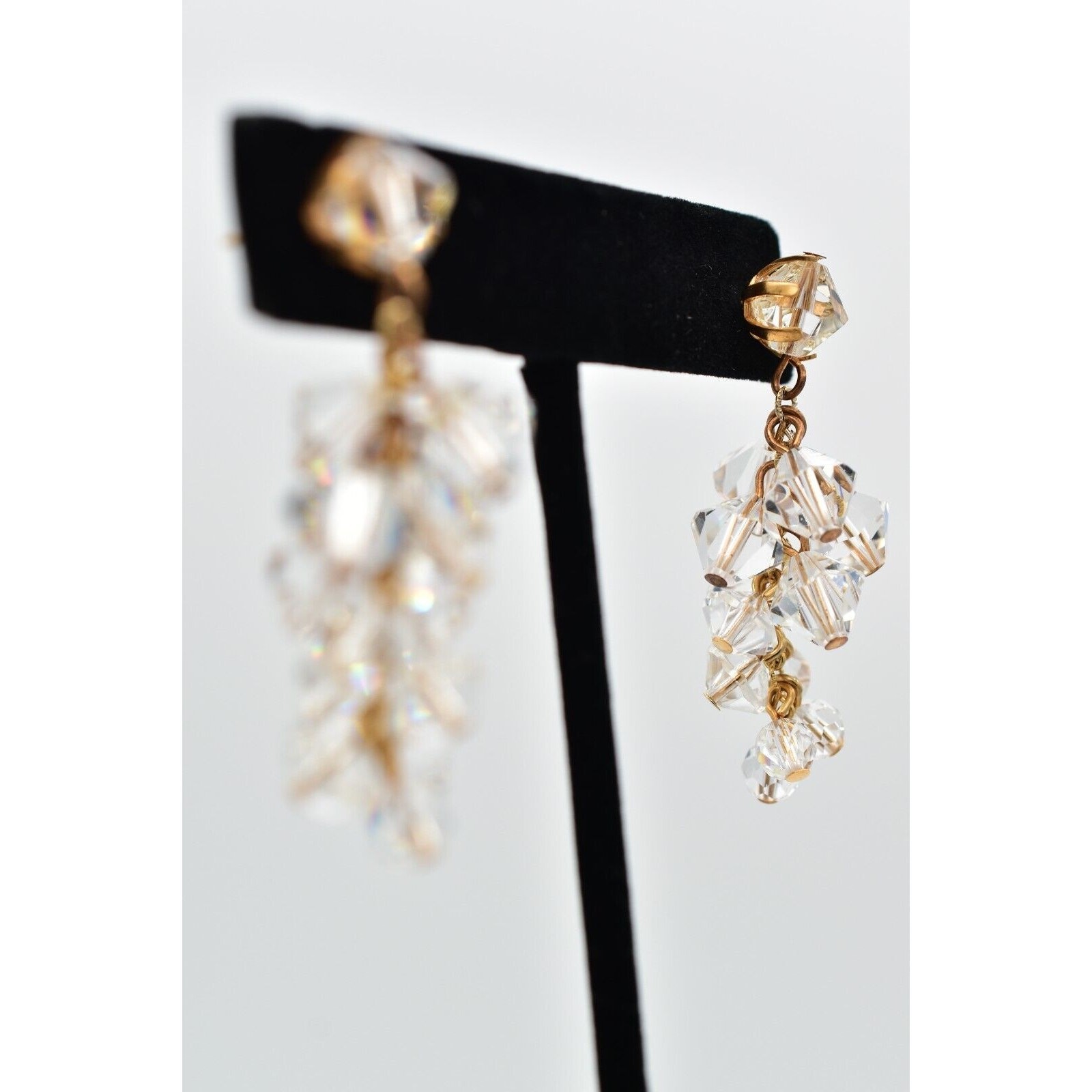 Vintage Clear Austrian Crystal Earrings Dangle Cluster Chain Drop Glam 1950s A24