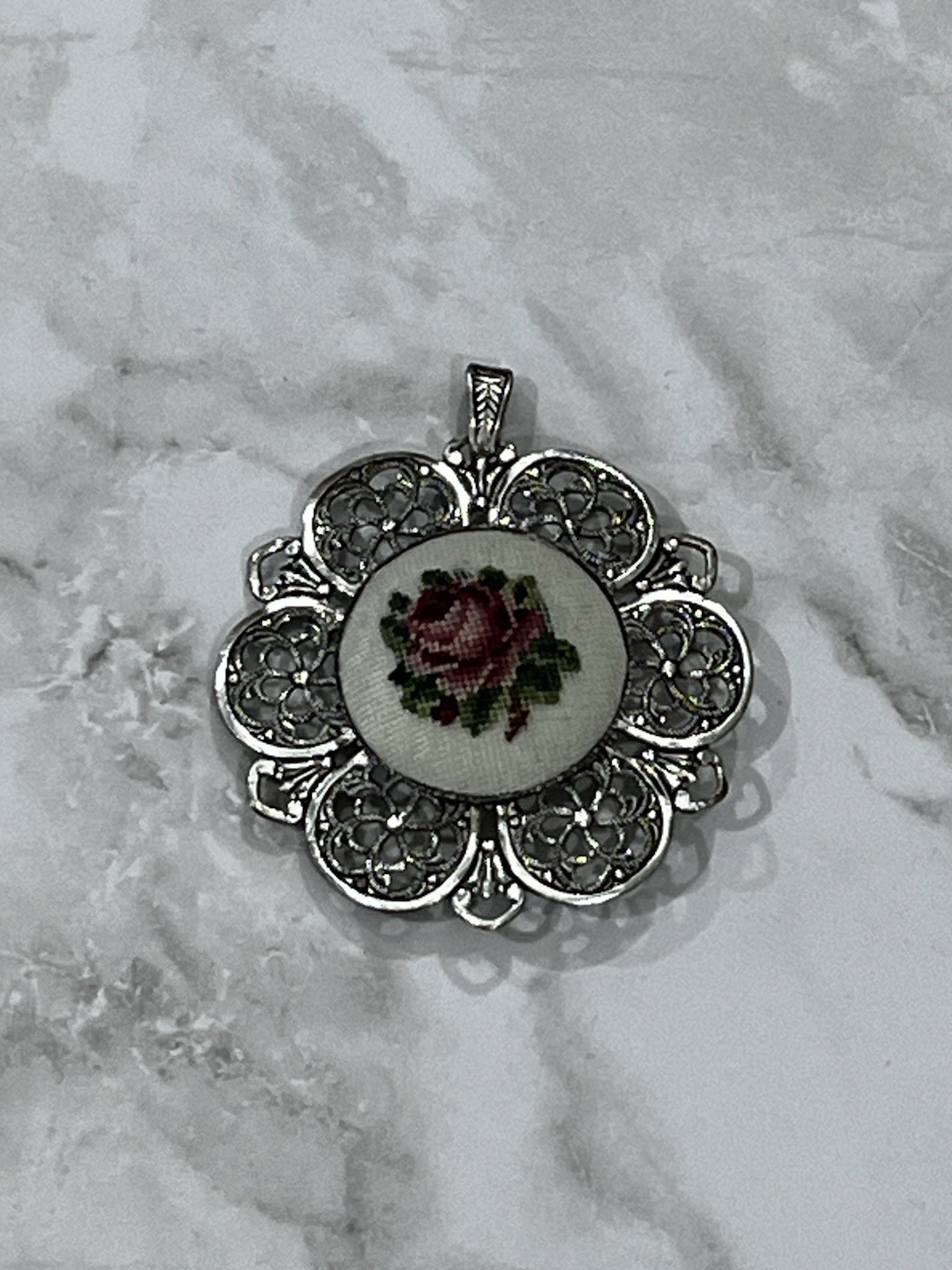 Vintage Silver Tone Austria Pendant Brooch Embroidered Petit Point Rose Bouquet