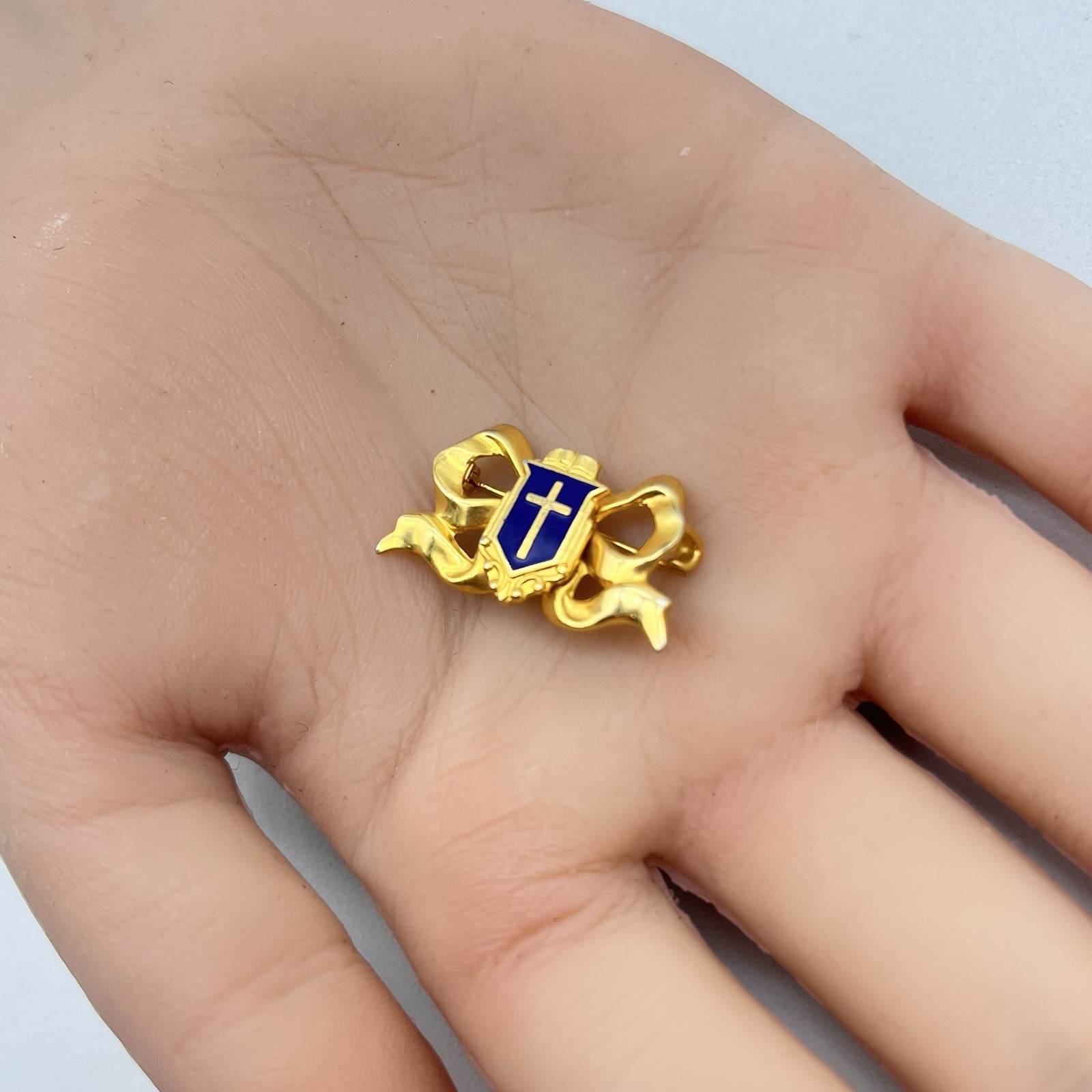 Vintage Cross Shield Religious Brooch Gold Tone Bow Blue Enamel Pin 1″