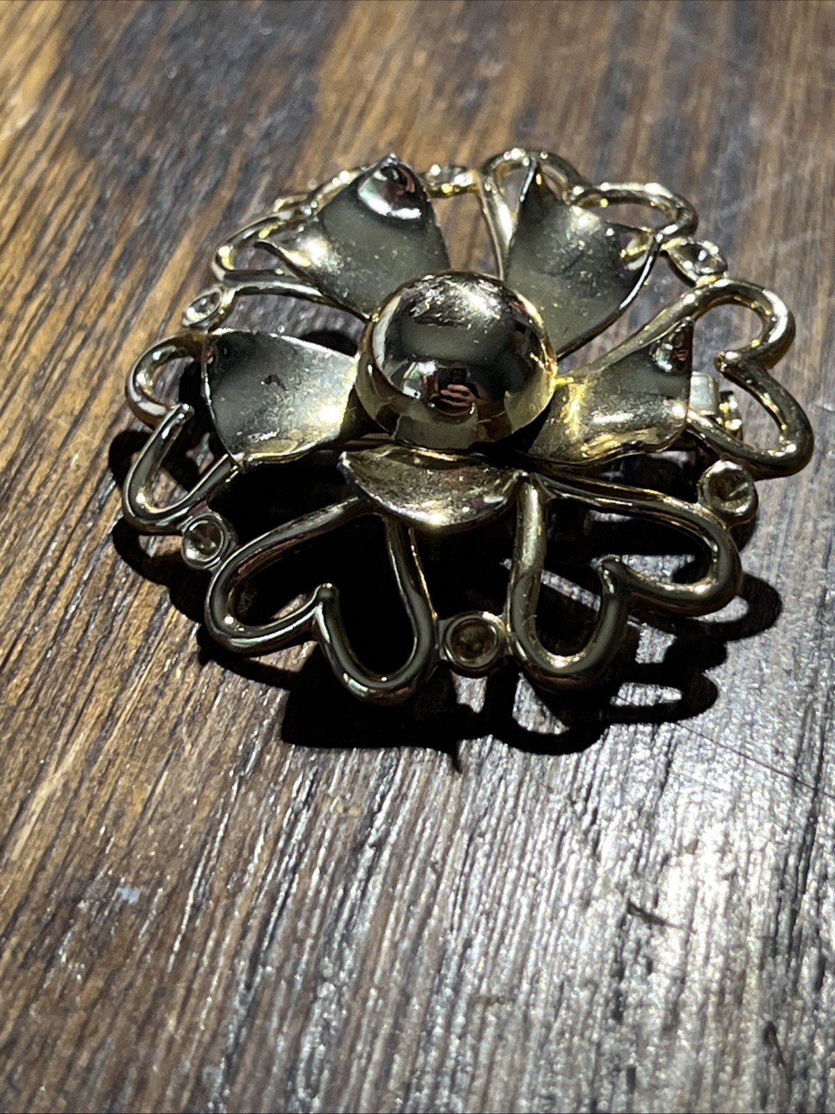 Vintage Gold Toned Flower And Hearts Brooch Pin