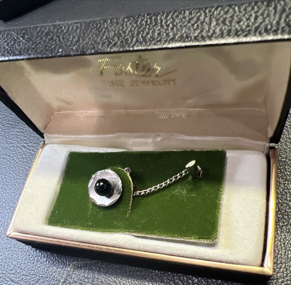 Vintage Foster Black Onyx Round 5mm Tie Tack Pin with Chain