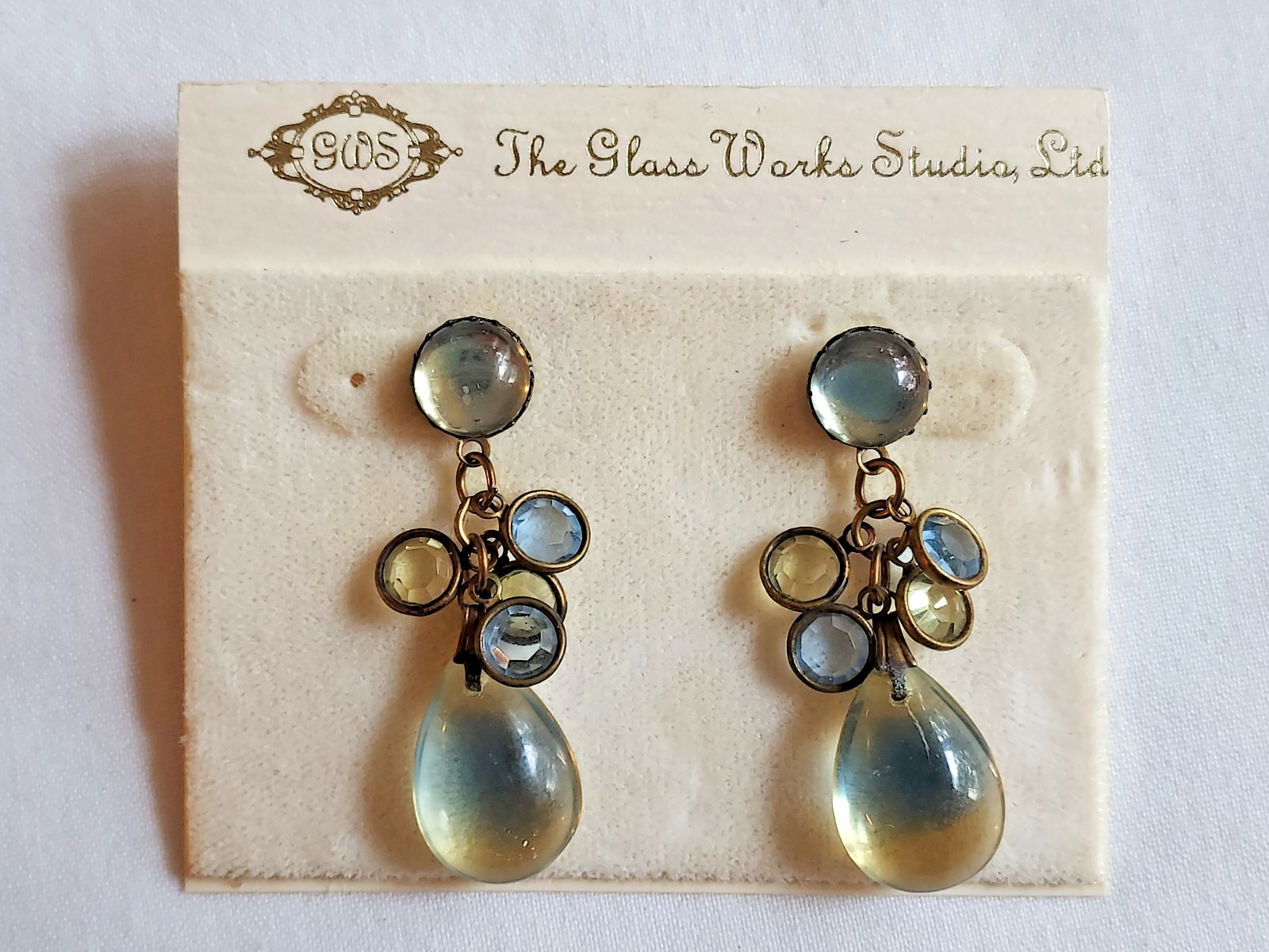 Vintage Glass Works Studio Moonstone Opal Topaz Crystals Pierced Drop Earrings