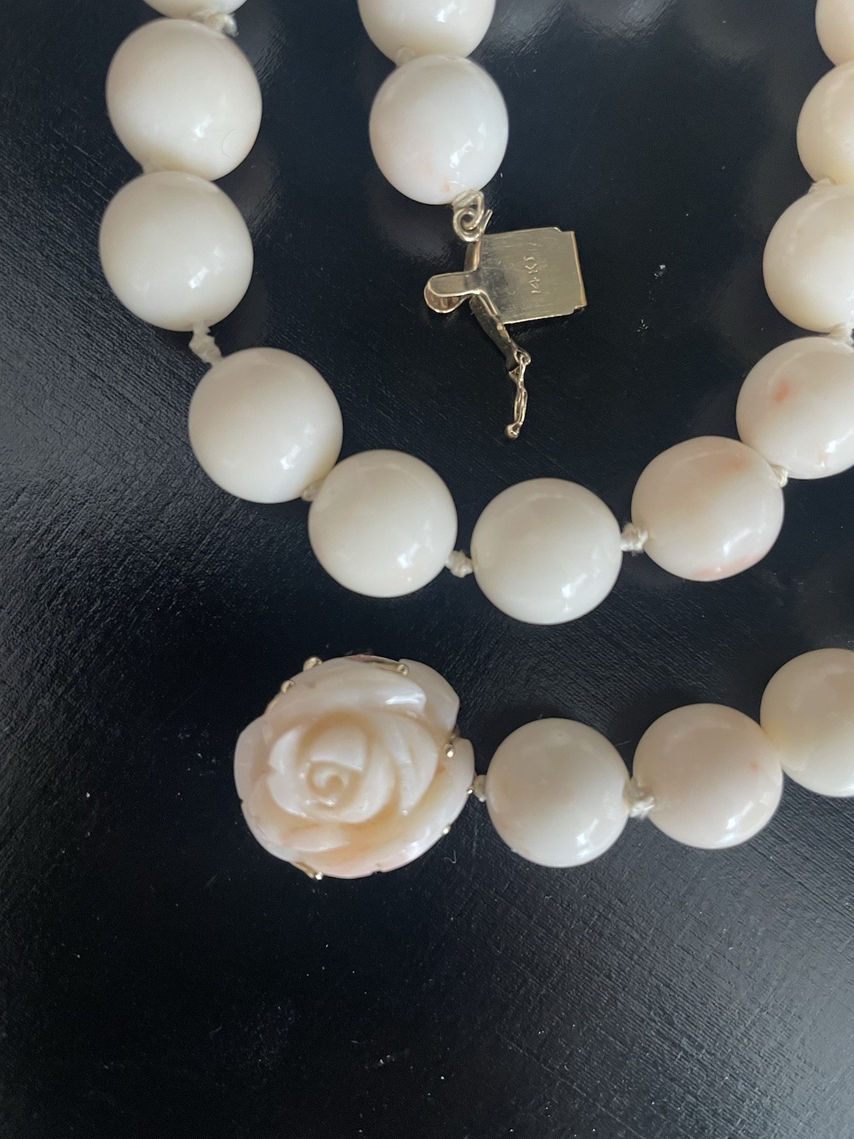 NATURAL ANGEL SKIN CORAL NECKLACE W/ MATCHING EARRINGS-14kt GOLD CLASP & EARRING