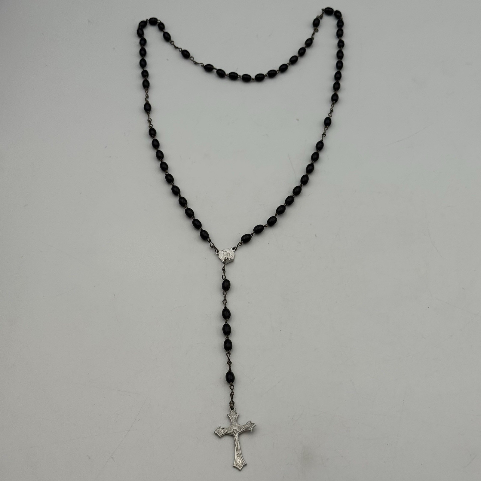 VTG Black Beaded Rosary Italy Marked 16″ Sterling Silver 925 7.4g