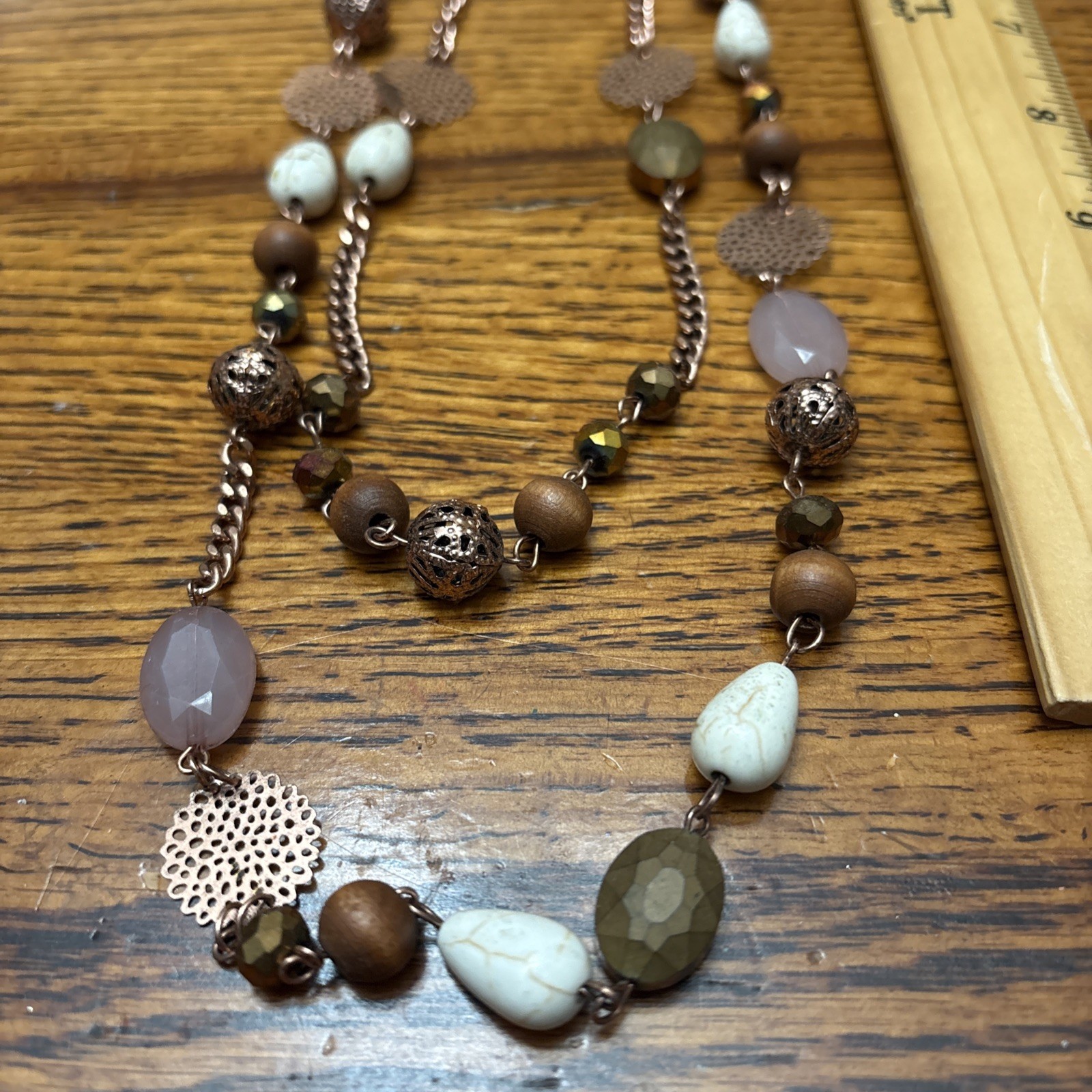 COLDWATER CREEK Quartz Stone & Wood Beaded Multi Strand Necklace Brown Boho