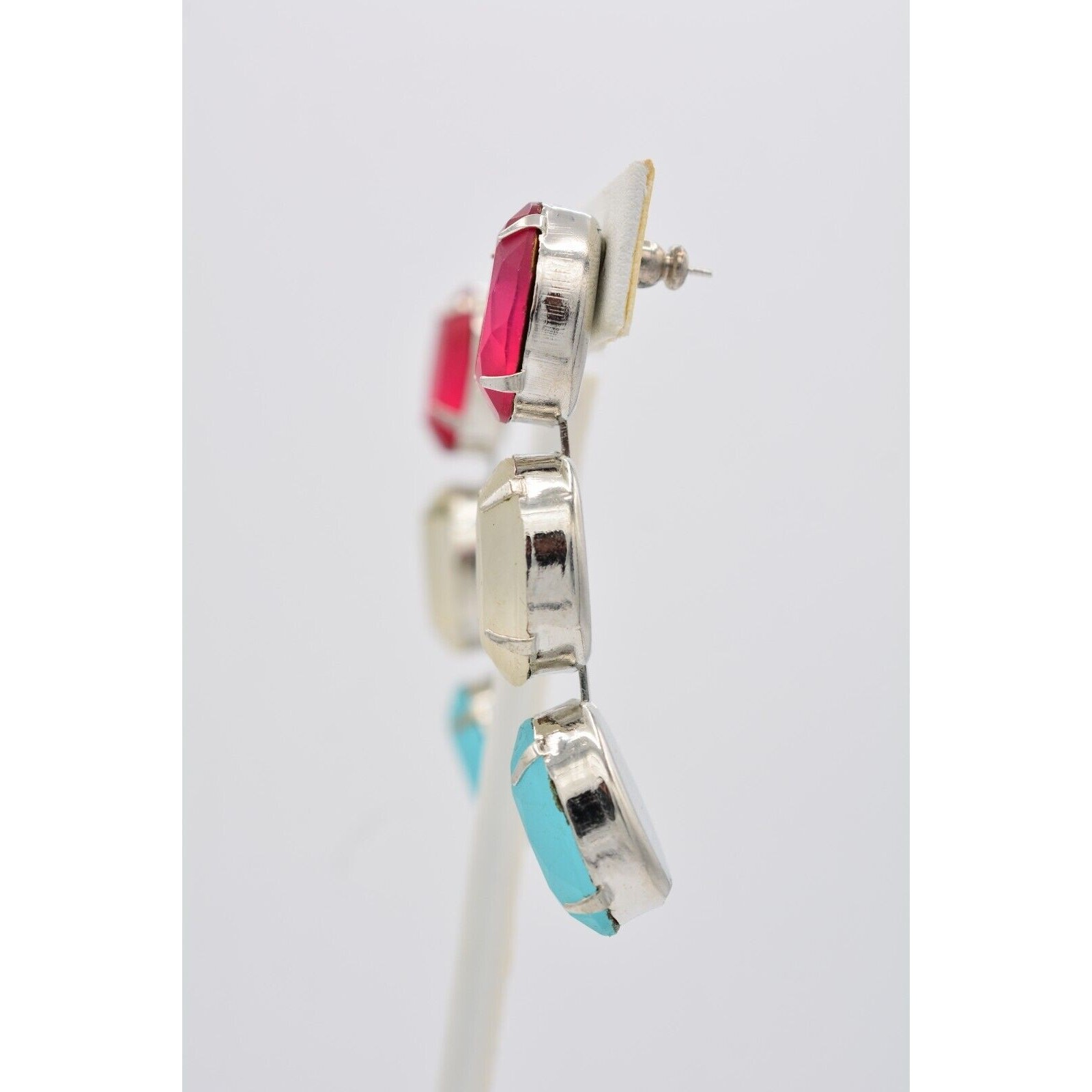 Vintage Frosted Crystal Drop Earrings Dangle Hot Pink White Blue Chunky 80s A19