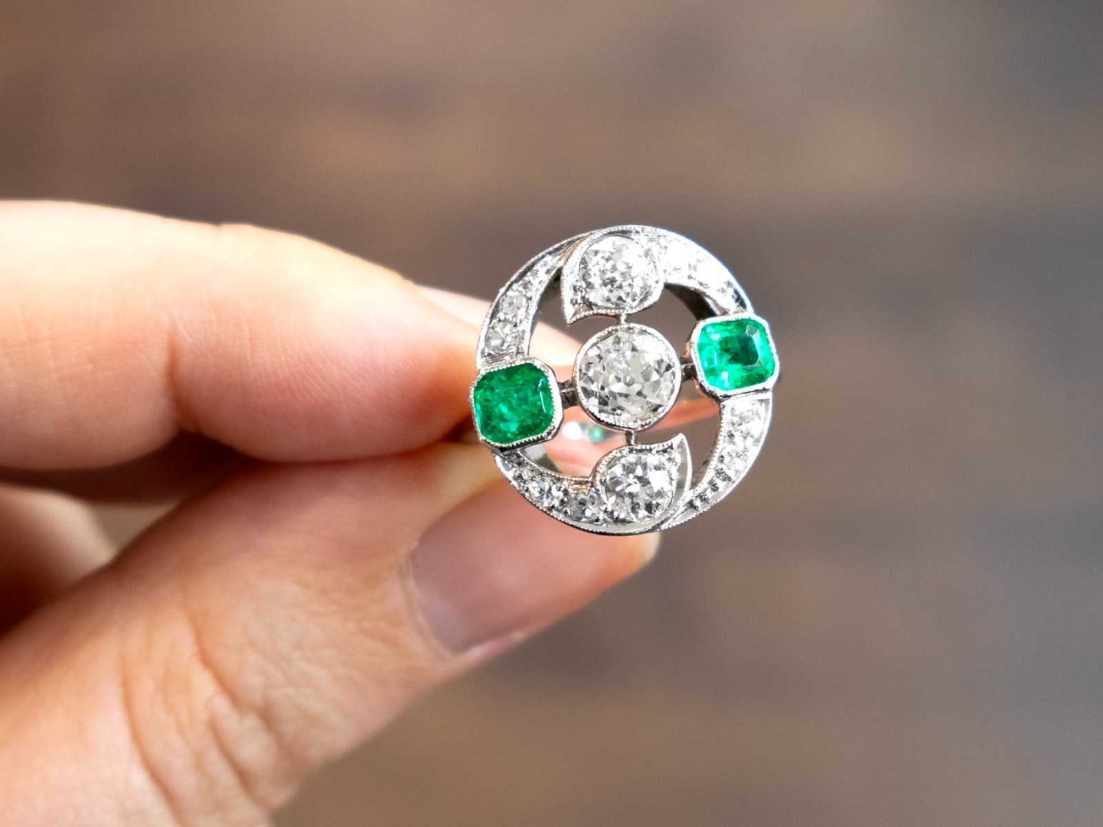 Antique 0.61Ct Emerald and 1.45Ct Diamond 18k White Gold Ring Circa 1920