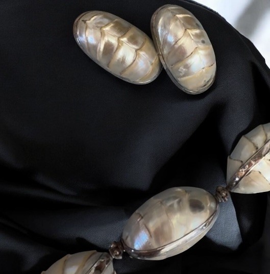 Vintage Natural Ridged Nautilus Shell Jewelry Set In Sterling Silver-Estate