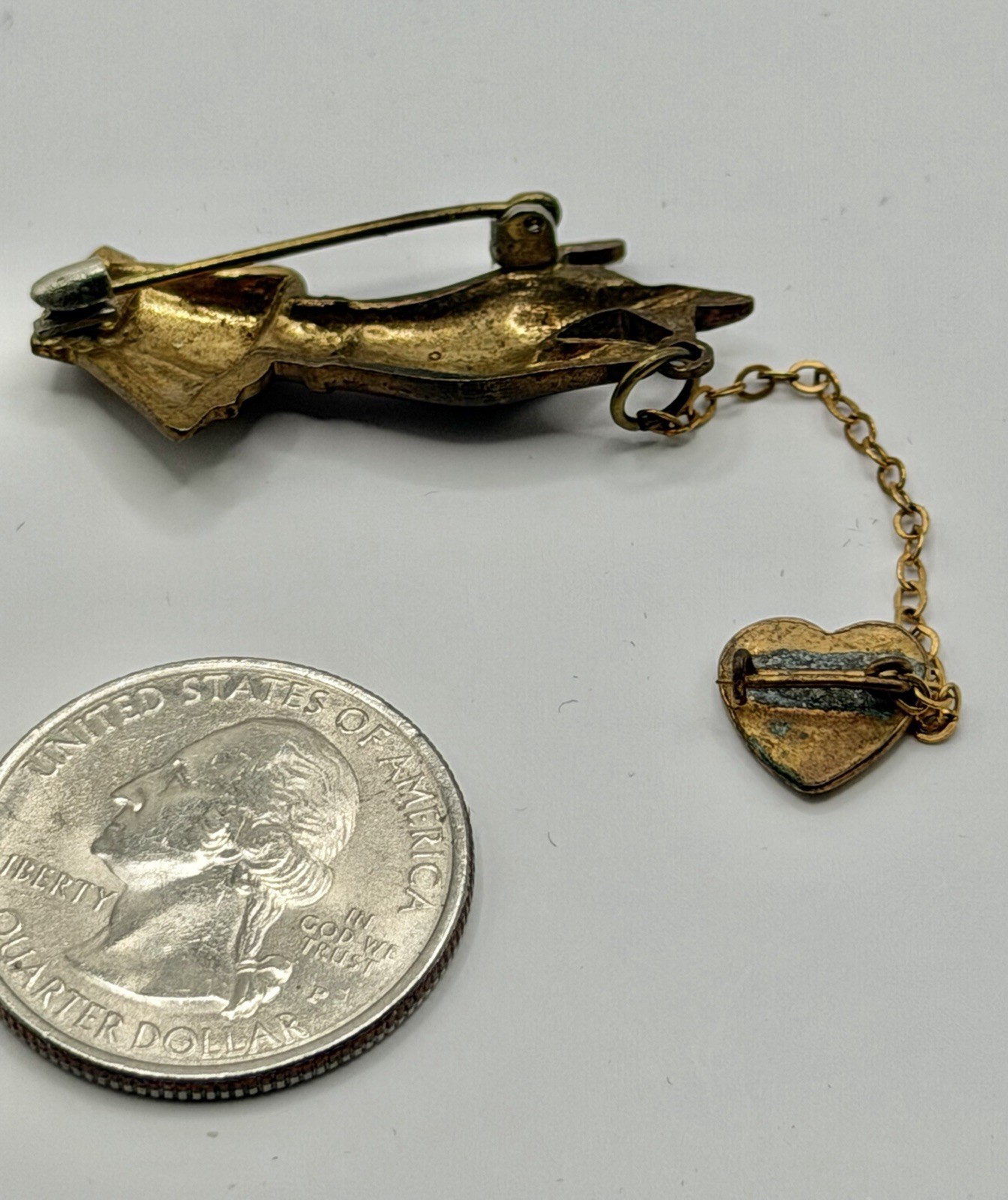 Antique Victorian Brass Hand Holding a Dangling Engraved Mini Heart Pin Brooch
