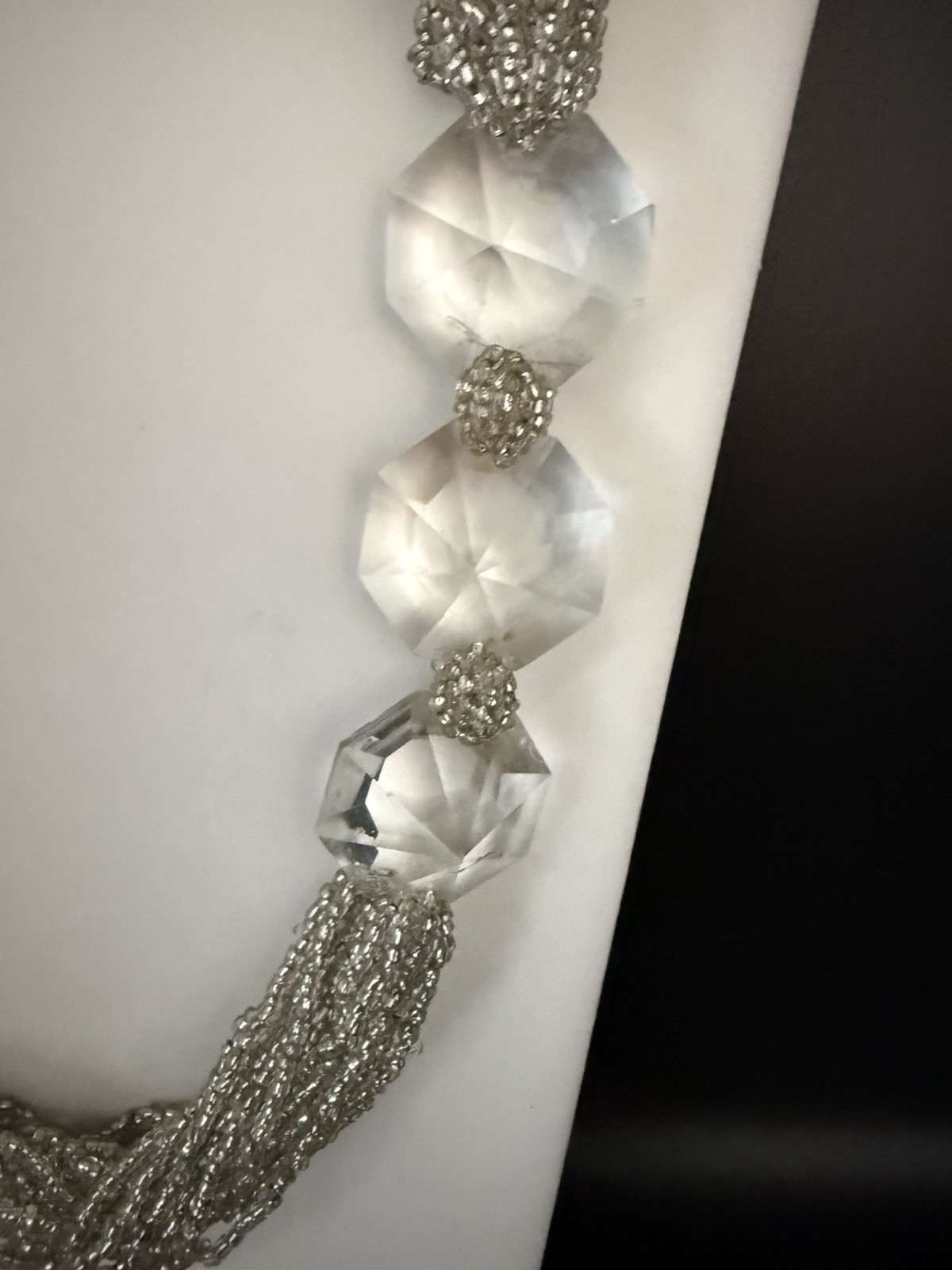 Vintage 25 Strand Silver Tone Clear Seed Bead & Faceted Crystal Necklace