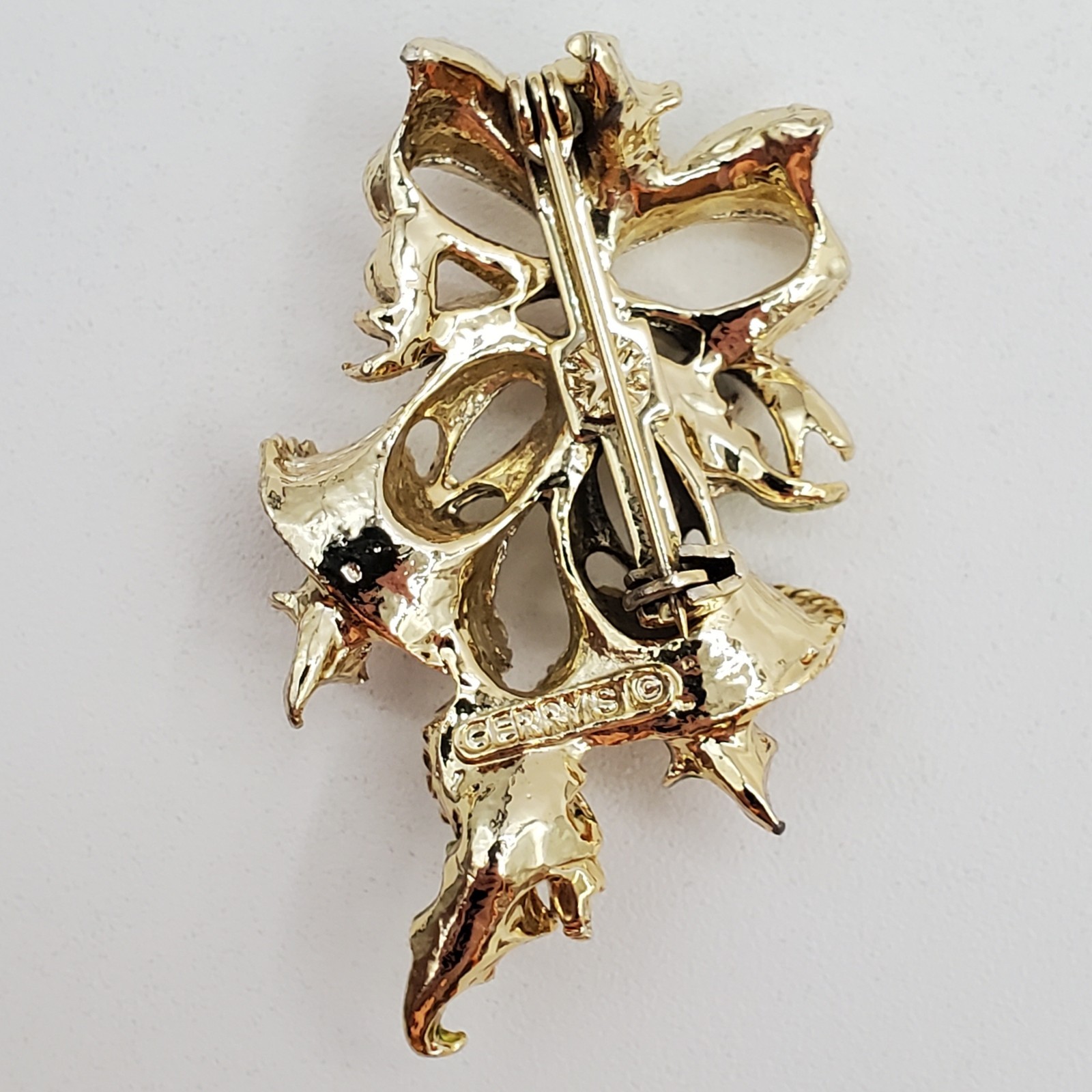 Gerrys Christmas Bells Brooch 2in Gold Tone Enameled Holly Pine Cone VTG Estate