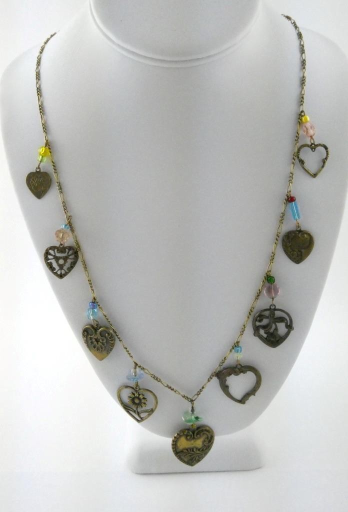 Vintage Glass Works Studio Glass and Brass Charms Multi Color Necklace 20g 26 In