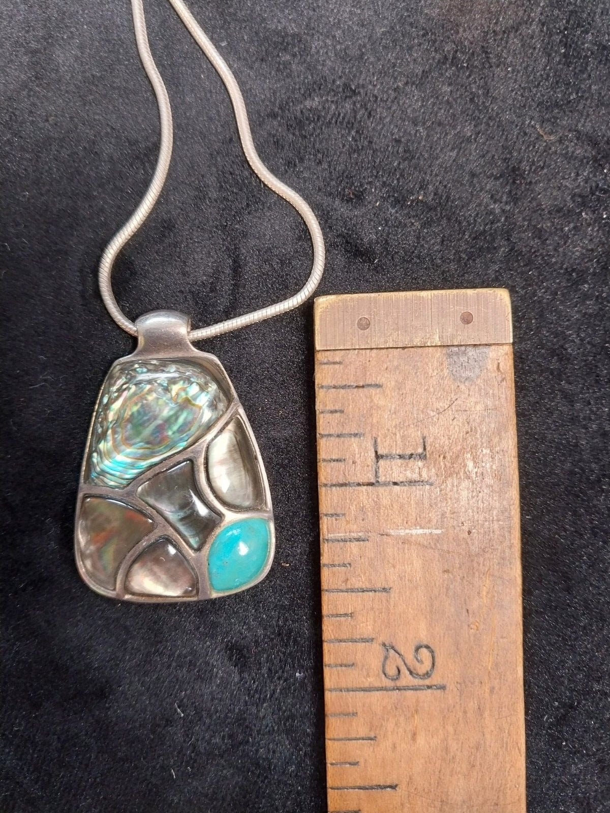 Vintage Abalone Shell Paua & Turquoise Abstract Cluster Pendant & Chain Necklace