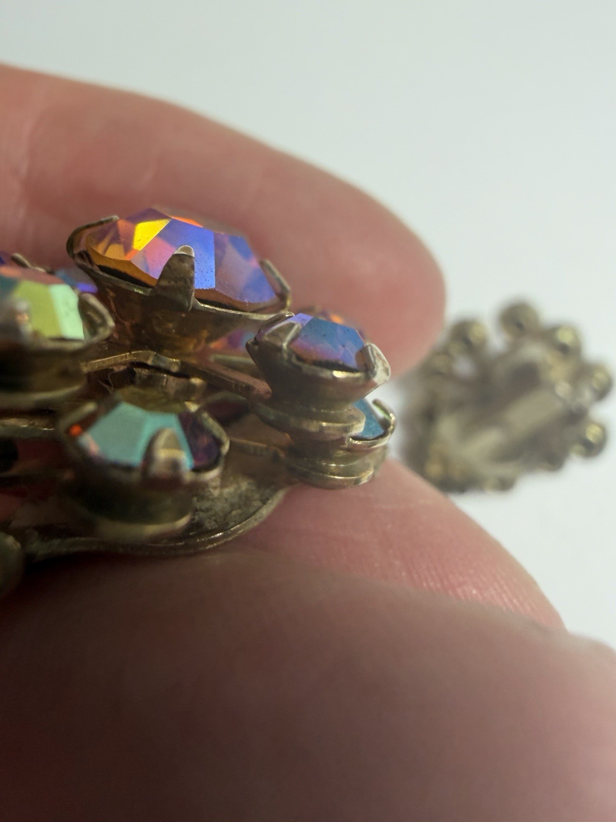 Vintage Aurora Borealis Clip On Earrings Floral Cluster Light Rainbow Colors