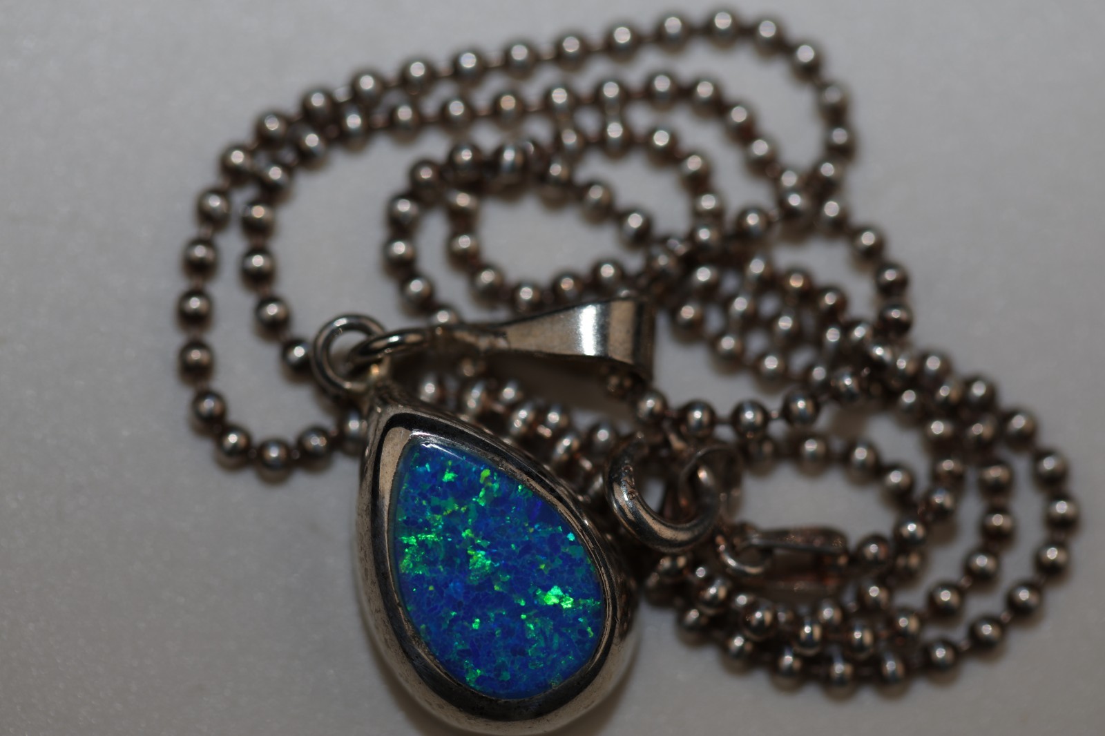 Blue Opal Teardrop Pendant Necklace Sterling Silver