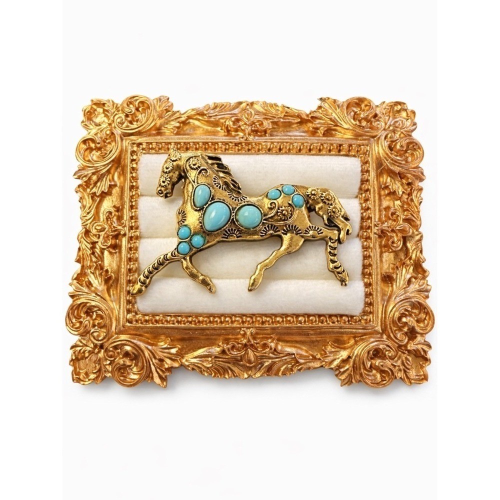 Gold Tone Horse Brooch Turquoise Cabochon Stones Vintage Style Equestrian Pin