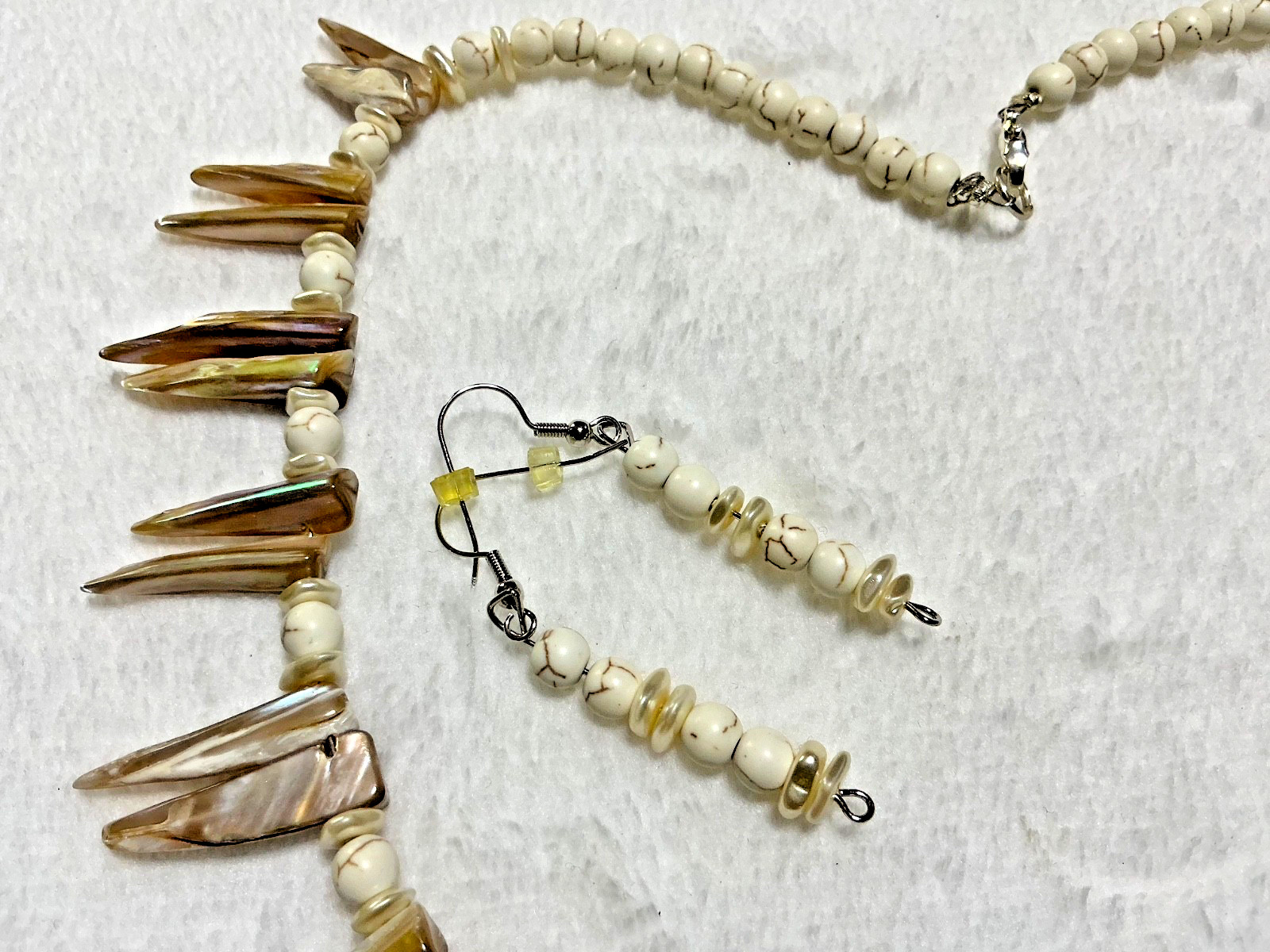 Vintage Handmade Abalone Shell Spikes Beaded Necklace Earring Set